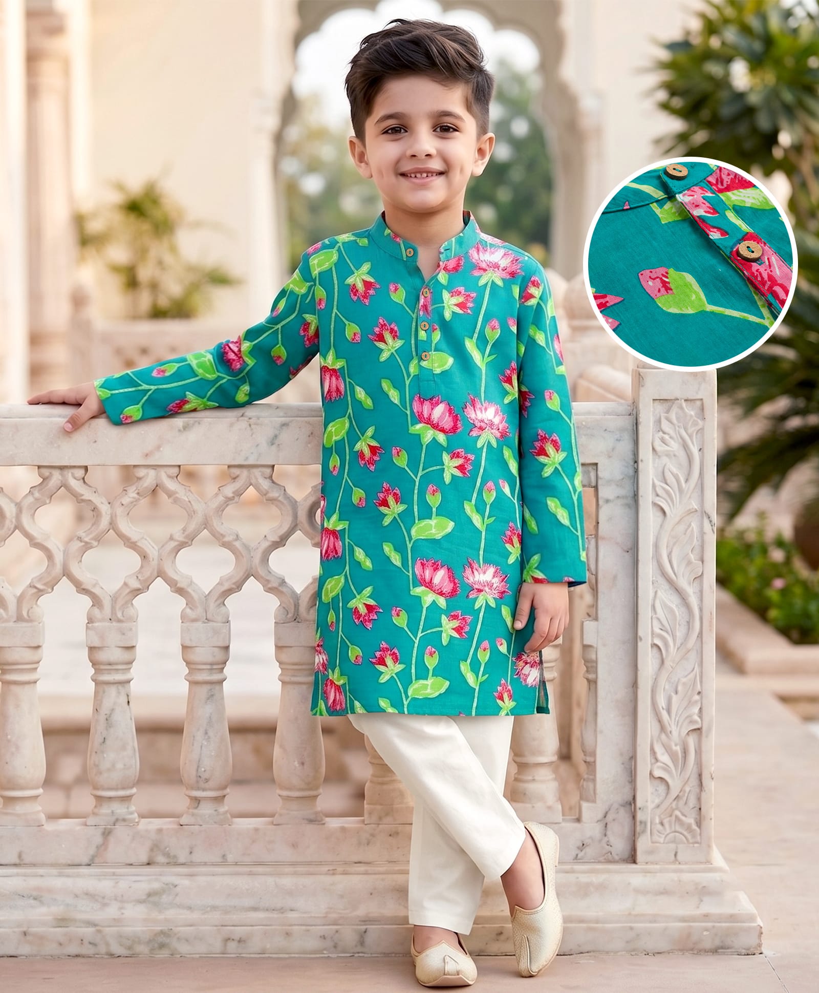 EARTHY TOUCH Cotton Woven Full Sleeves Kurta Pyjama Set With Floral Print - Green-picture-10