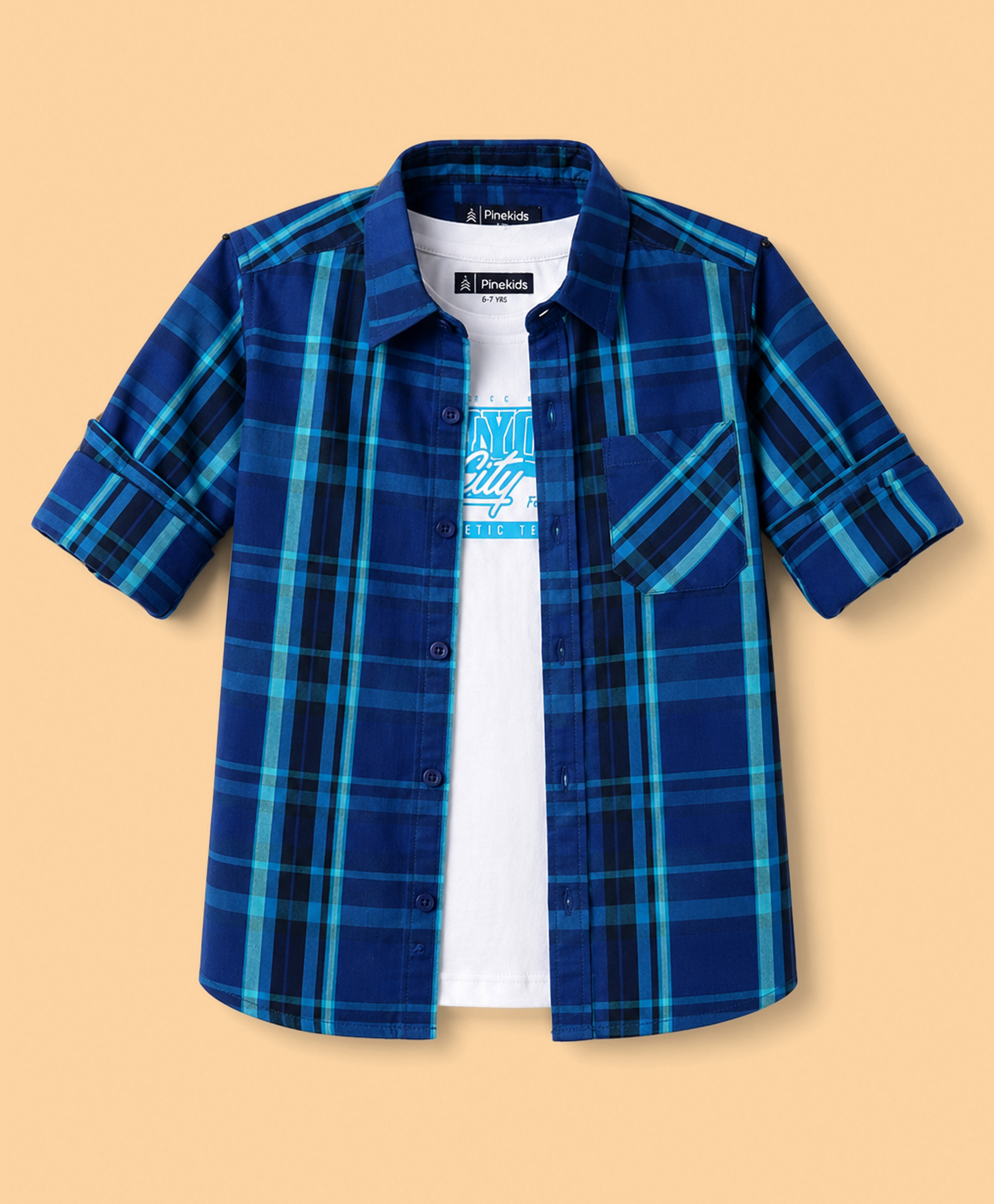 Pine Kids Cotton Woven Checks Twofer Shirt with Half Sleeves - Blue-picture-23