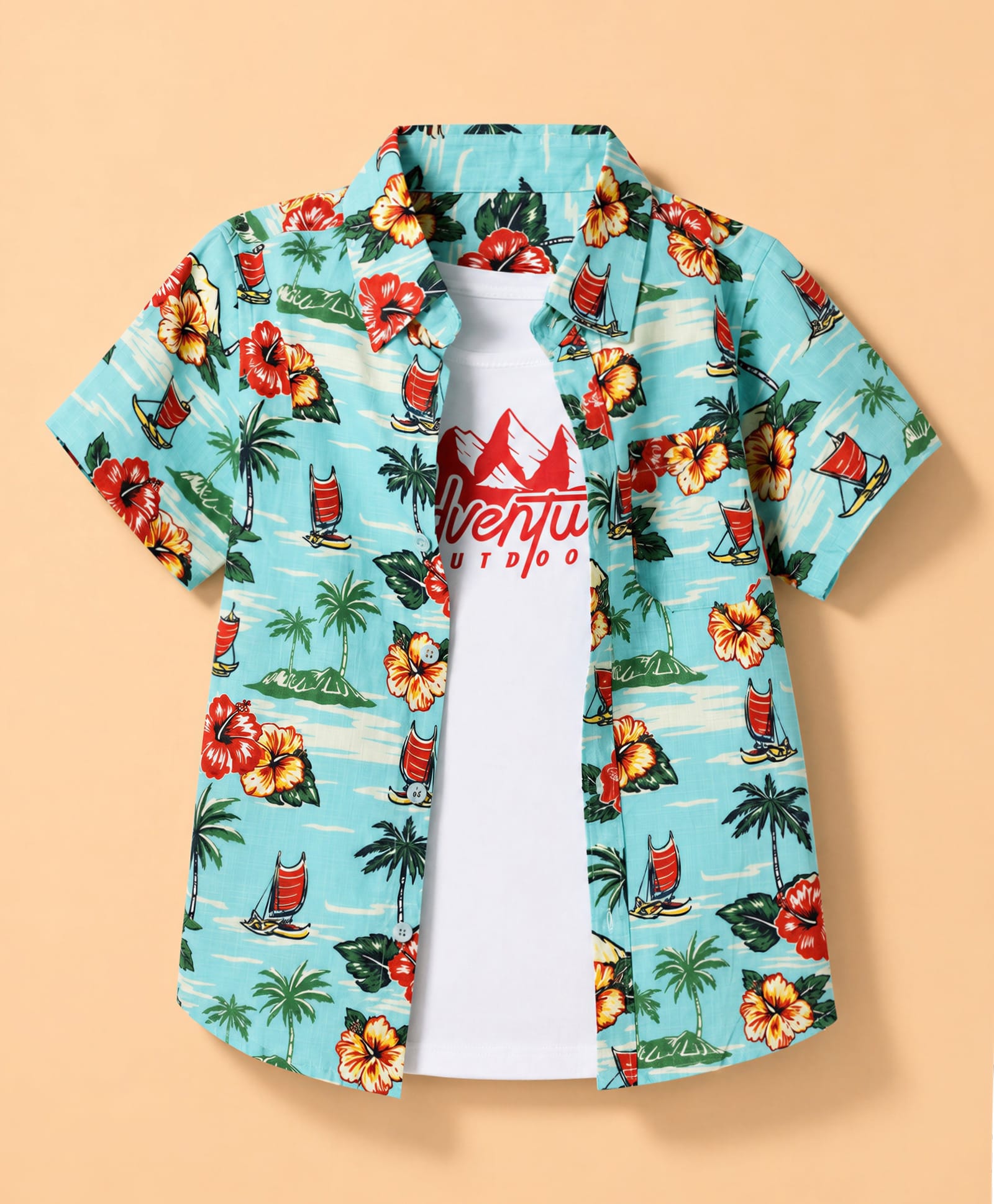 Pine Kids Cotton Woven Half Sleeves Twofer Shirt with Floral & Beach Theme Print - Turquoise-picture-29