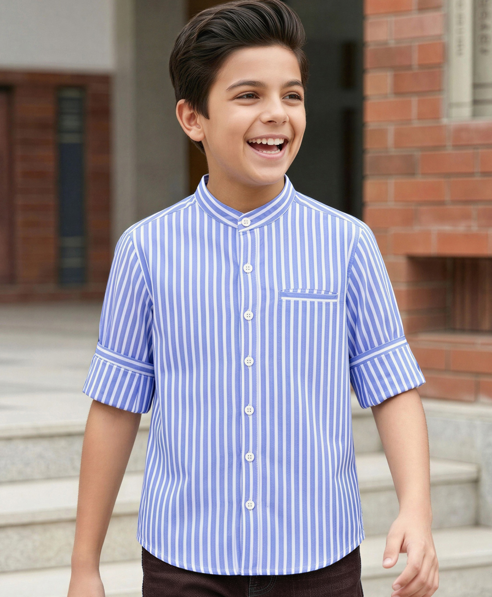 Pine Kids Cotton Woven Striped Shirts with Mandarin Collar Blue 9-10 Years-image-47