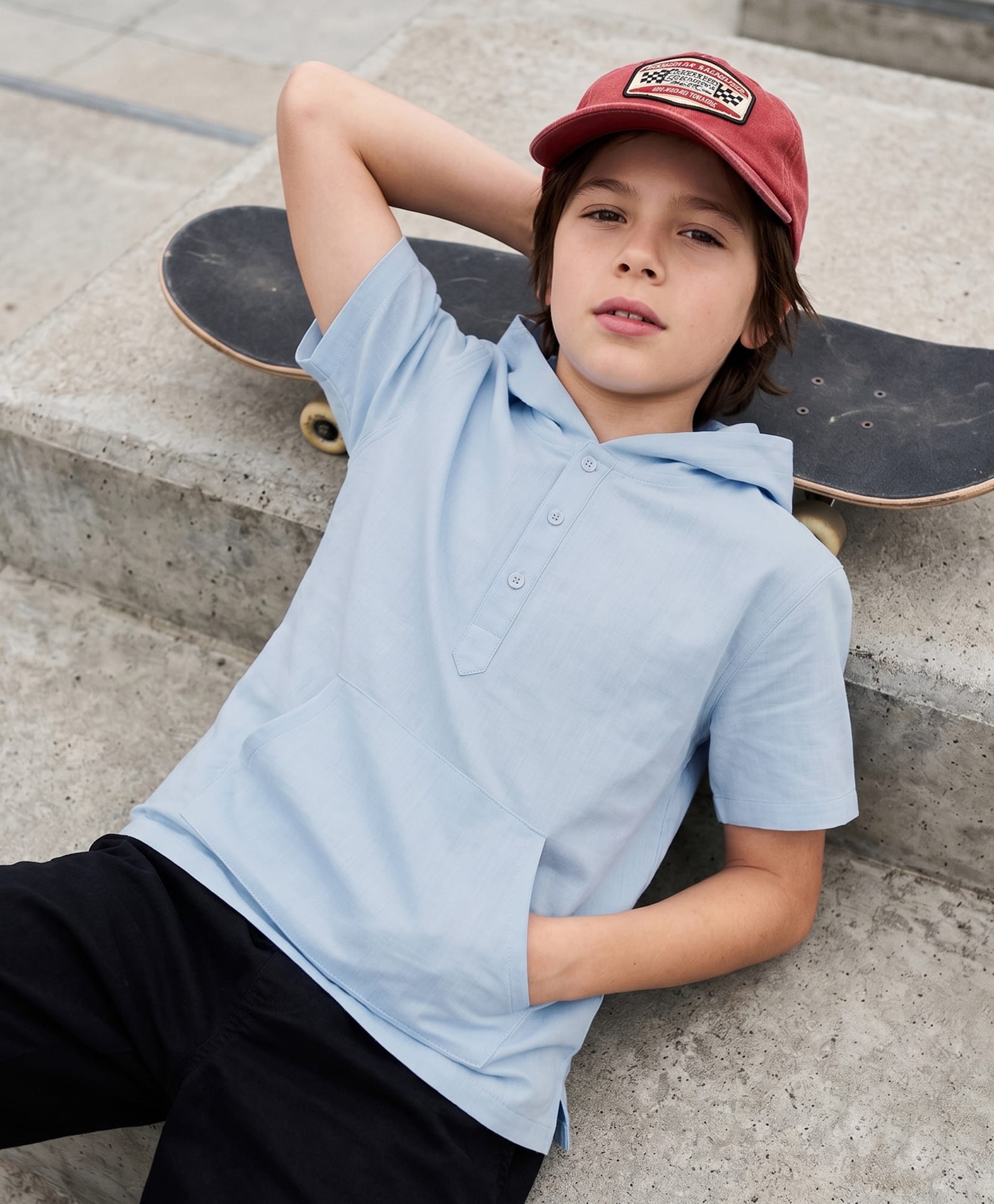 Pine Kids Cotton Woven Half Sleeves Solid Colour Hooded Shirt with Kangaroo Pockets - Light Blue-picture-22