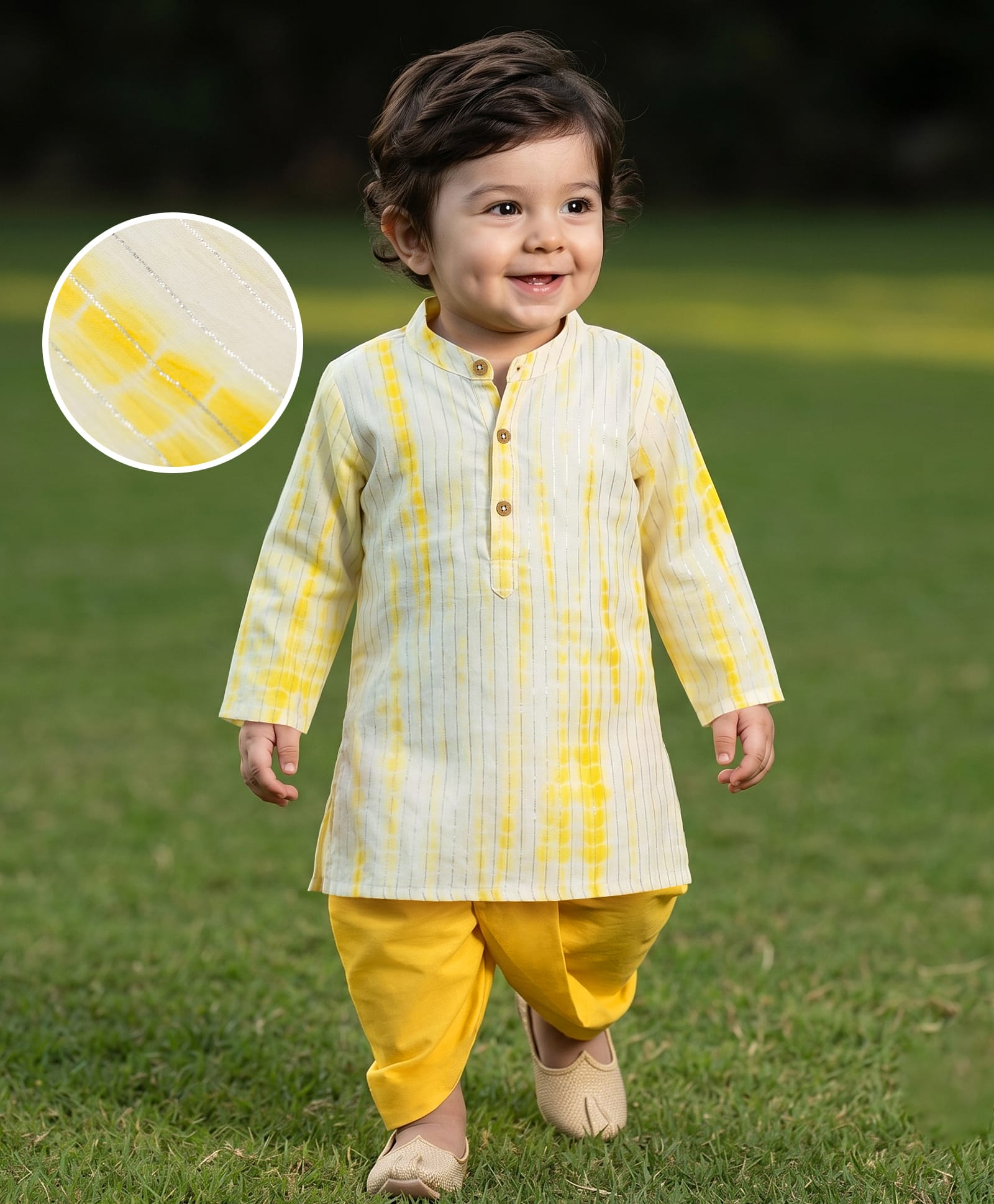EARTHY TOUCH Cotton Woven Full Sleeves Striped Dhoti Kurta Set With Tie & Dye Foil Printed - Yellow-image-25