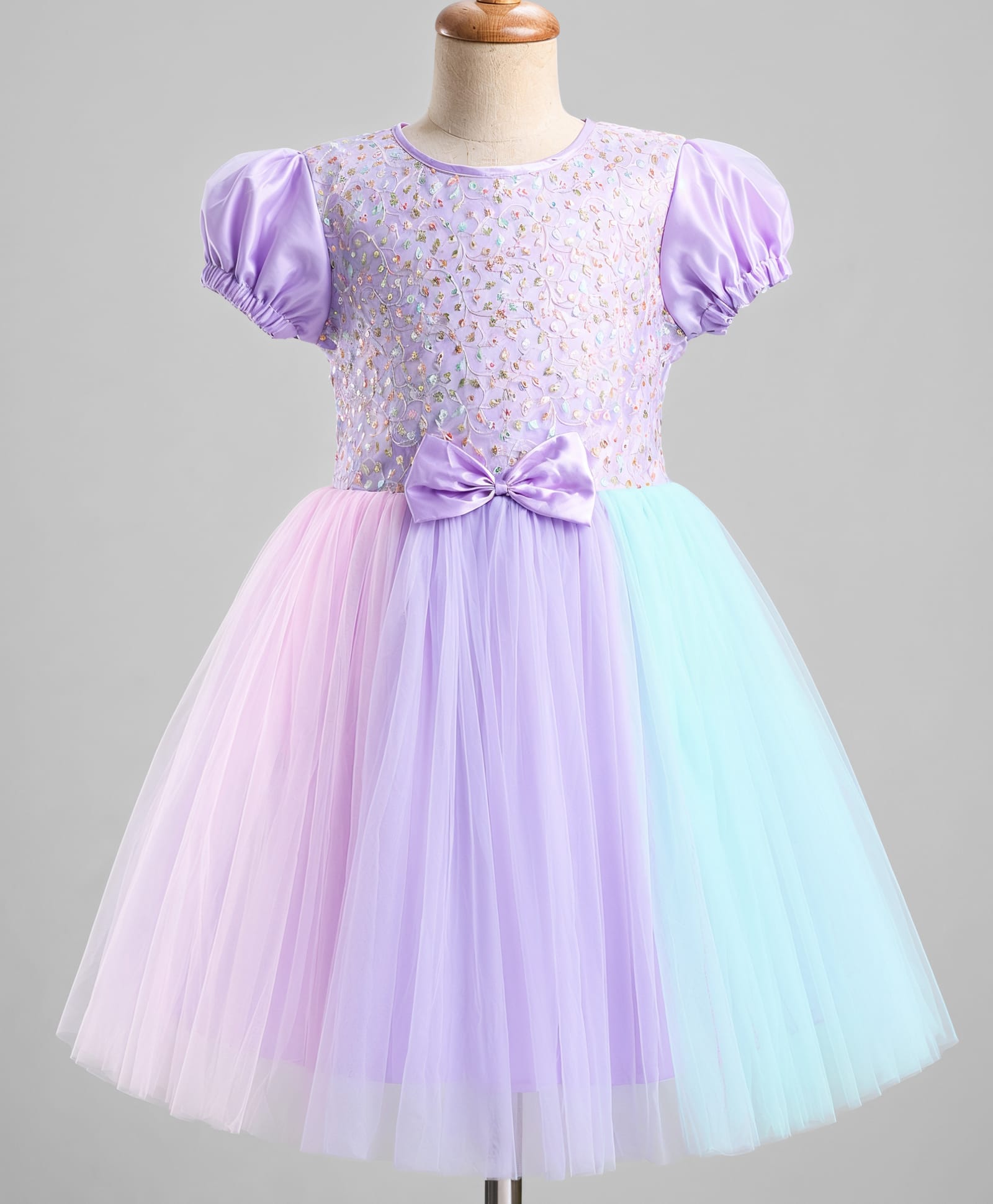 Pine Kids Cotton Woven Half Sleeves Floral Embroidered Party Dress With Bow Applique - Lilac-image-1
