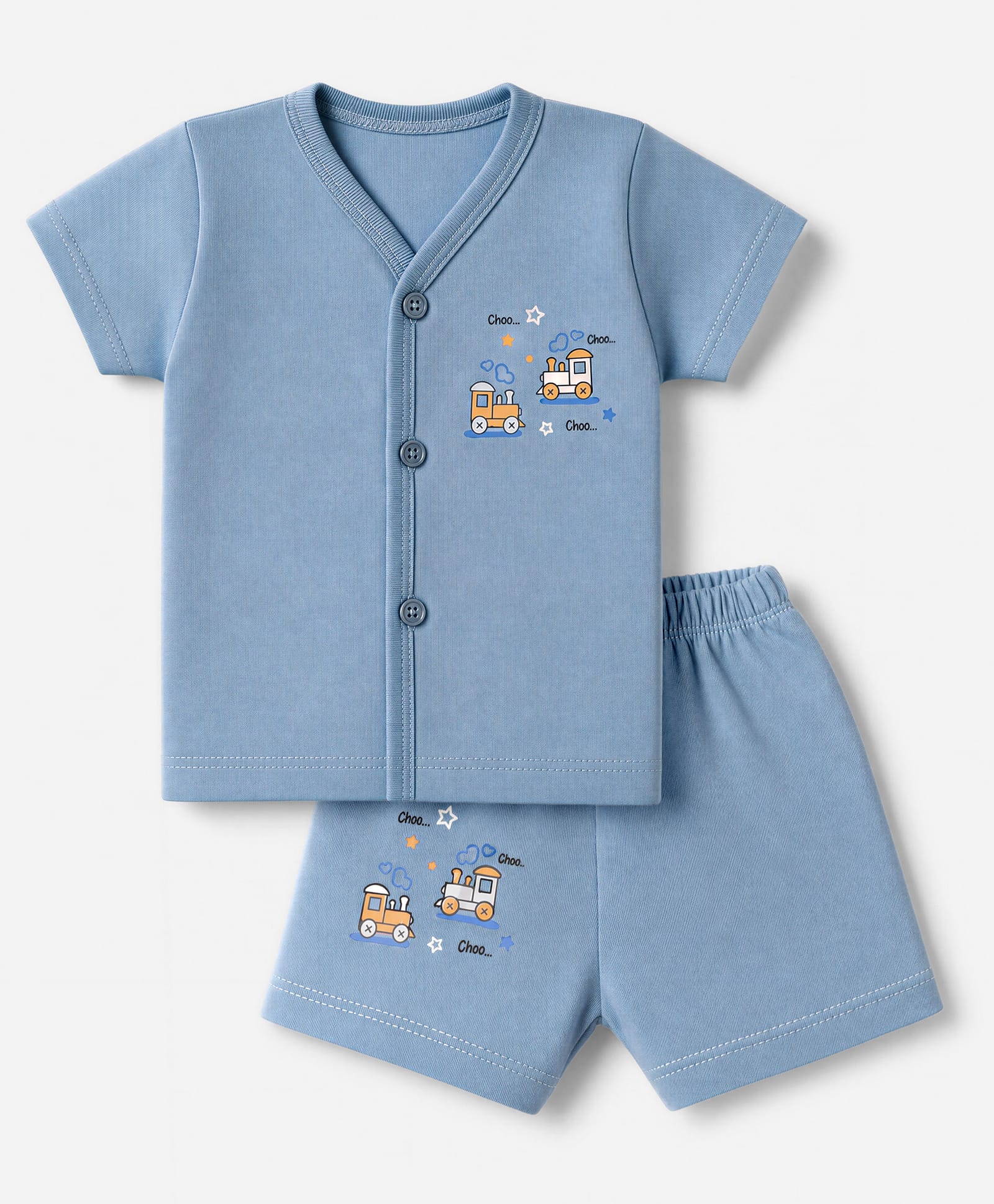 Tango Single Jersey Knit Half Sleeves T-Shirt & Shorts Night Suit With Train & Text Print - Blue-picture-42