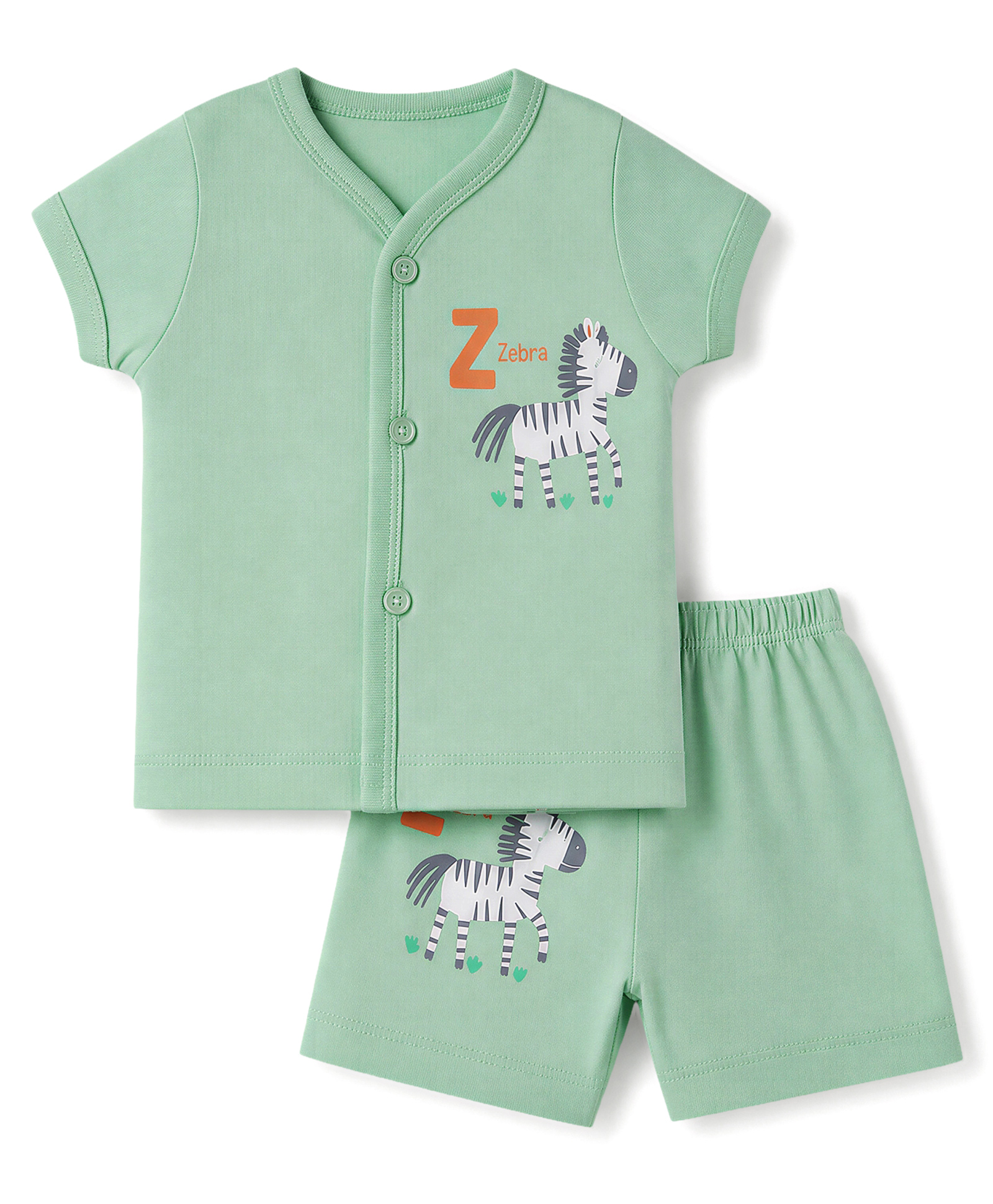 Tango Single Jersey Knit Half Sleeves T-Shirt & Shorts Night Suit With Text & Zebra Print - Green-image-13