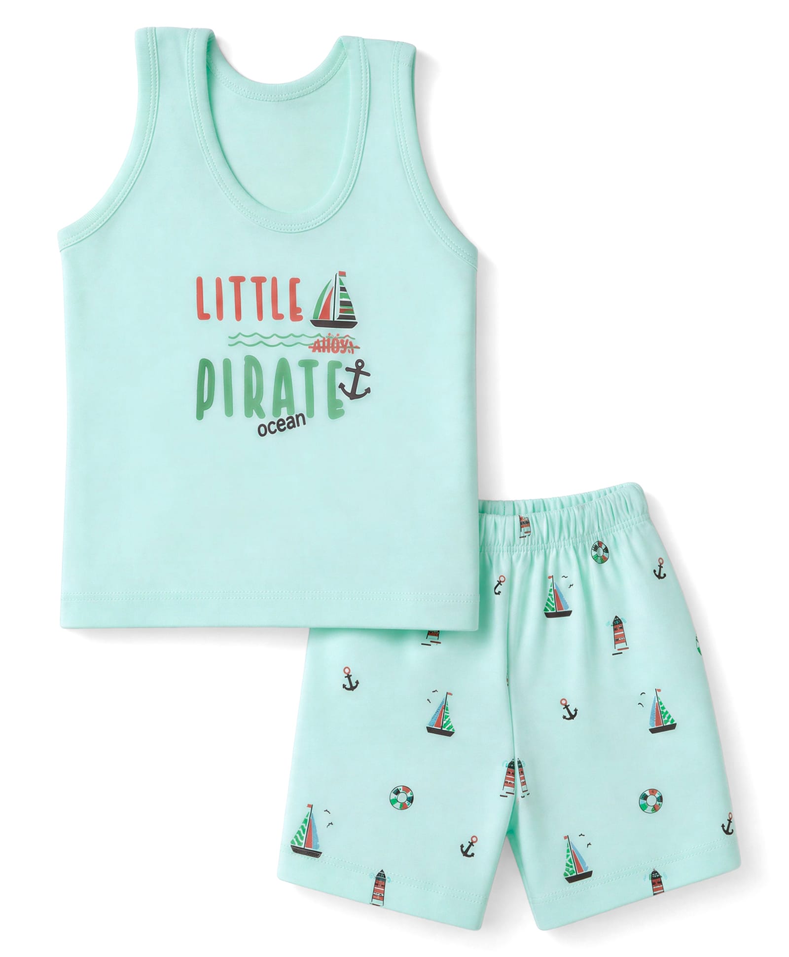 Tango Single Jersey Knit Sleeveless Innerwear Sets With Nautical & Text Print - Green-picture-13