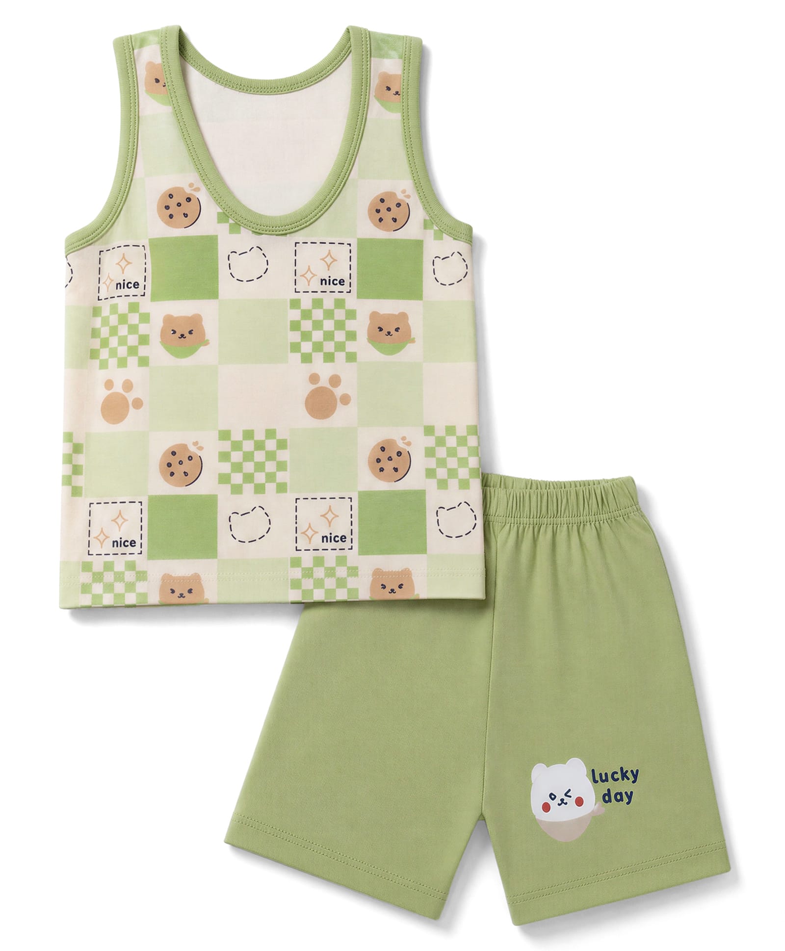 Tango Single Jersey Knit Sleeveless Innerwear Sets With Teddy Bear Print - Green-image-41