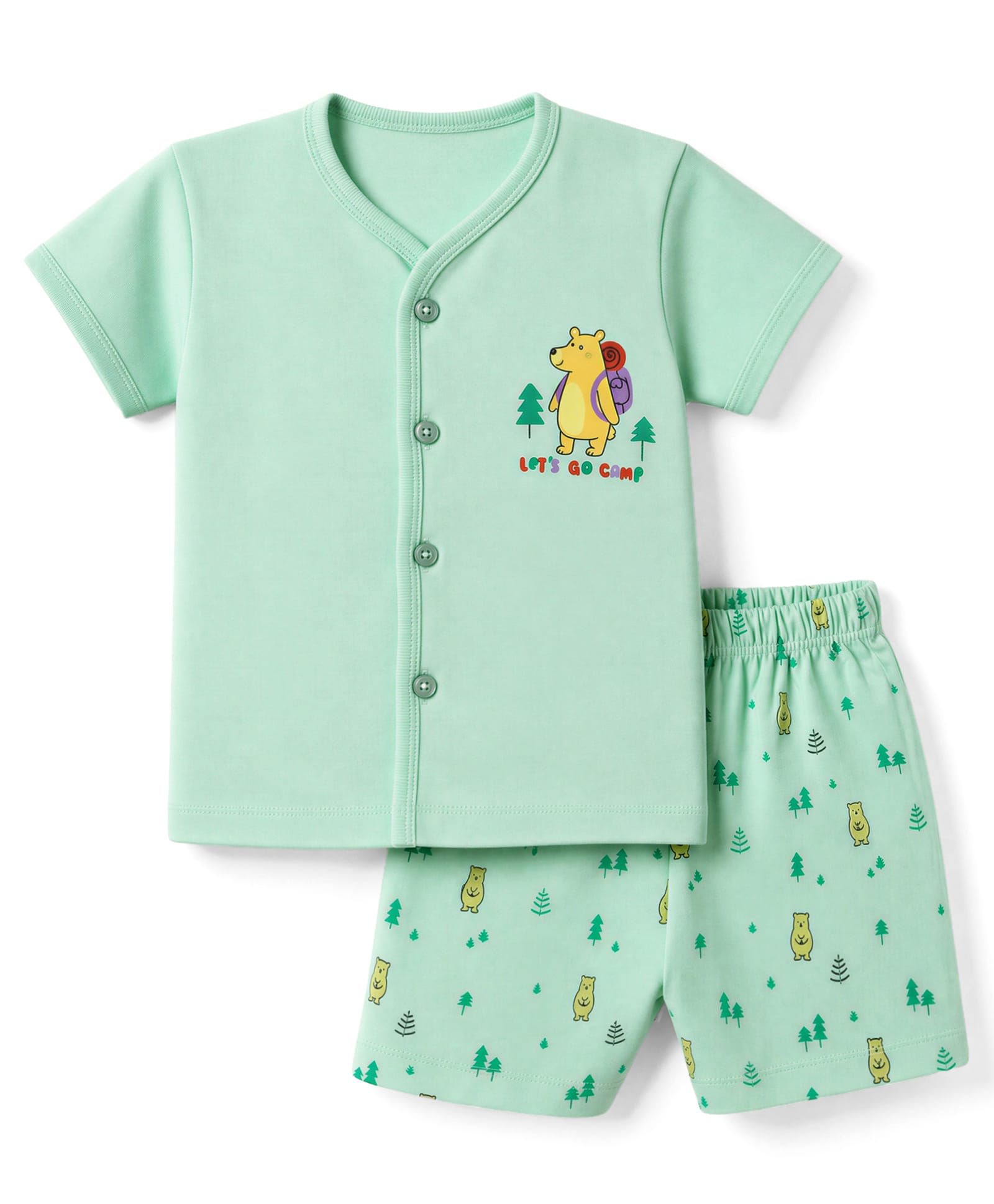 Tango Single Jersey Knit Half Sleeves T-Shirt & Shorts Night Suit With Bear & Text Print - Green-image-24