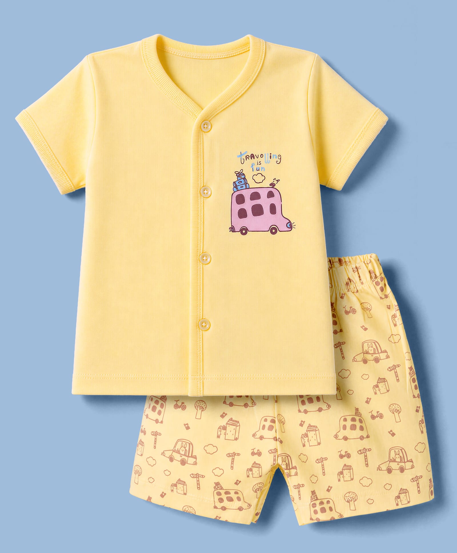 Tango Single Jersey Knit Half Sleeves T-Shirt & Shorts Night Suit With Vehicle & Text Print - Yellow-picture-19