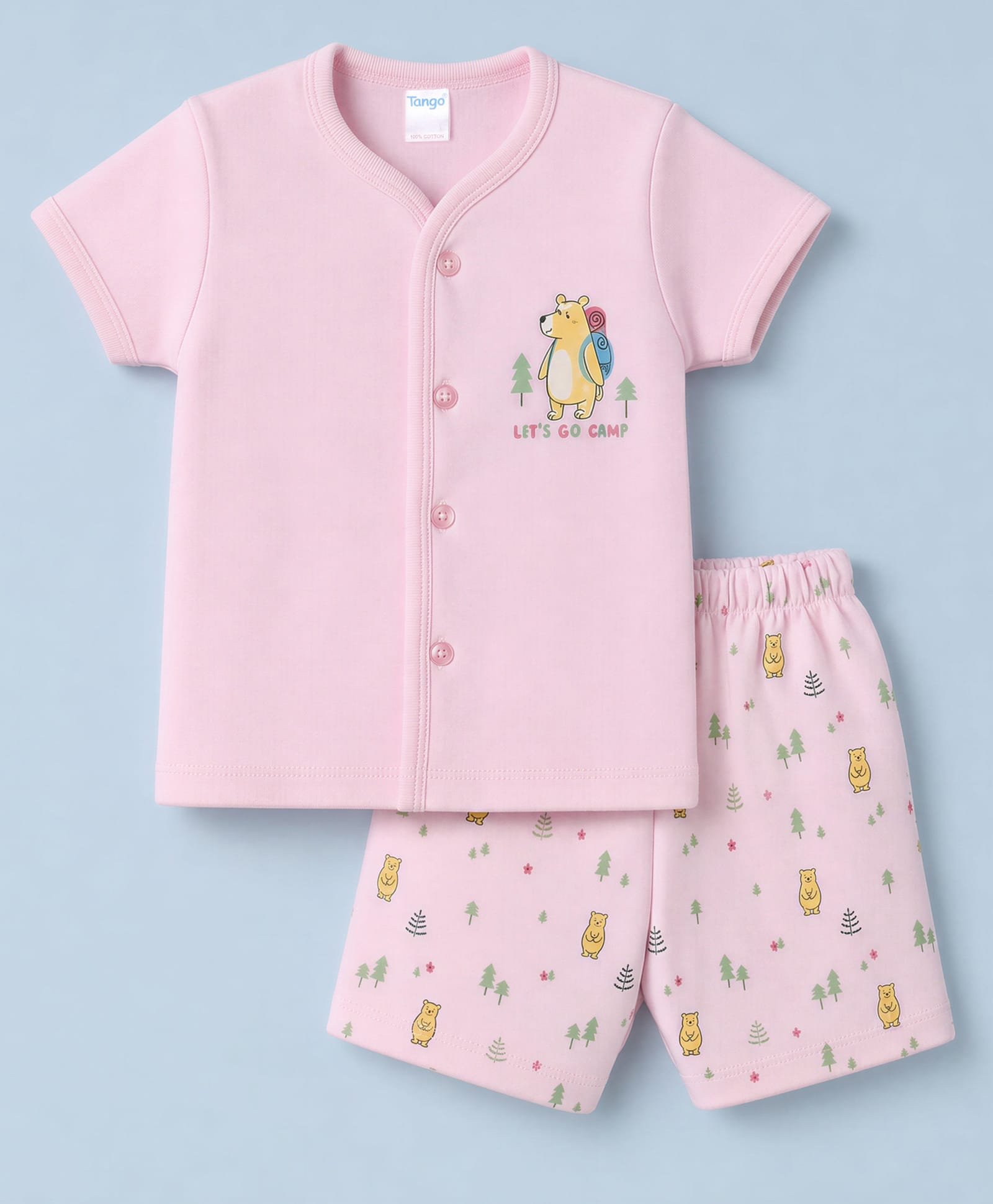 Tango Interlock Knit Half Sleeves T-Shirt & Shorts Night Suit With Bear & Text Print - Pink-image-45