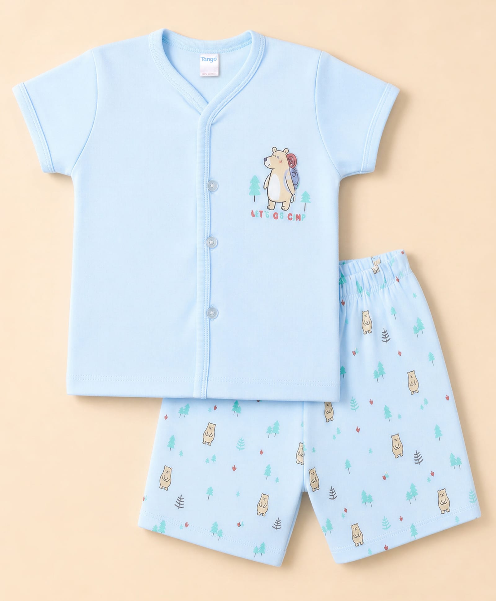 Tango Interlock Knit Half Sleeves T-Shirt & Shorts Night Suit With Bear & Text Print - Sky Blue-picture-8