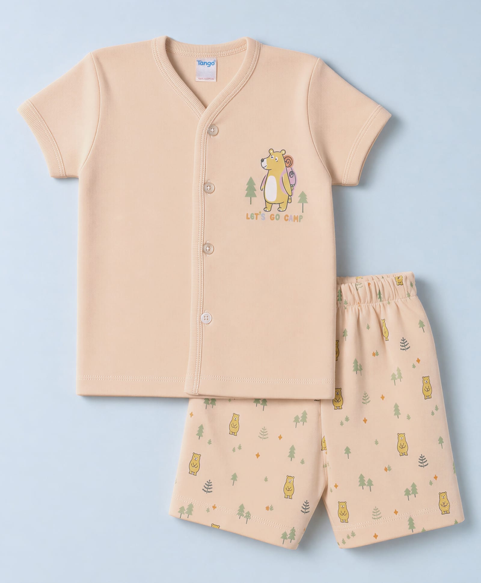 Tango Interlock Knit Half Sleeves T-Shirt & Shorts Night Suit With Bear & Text Print - Cream-picture-44