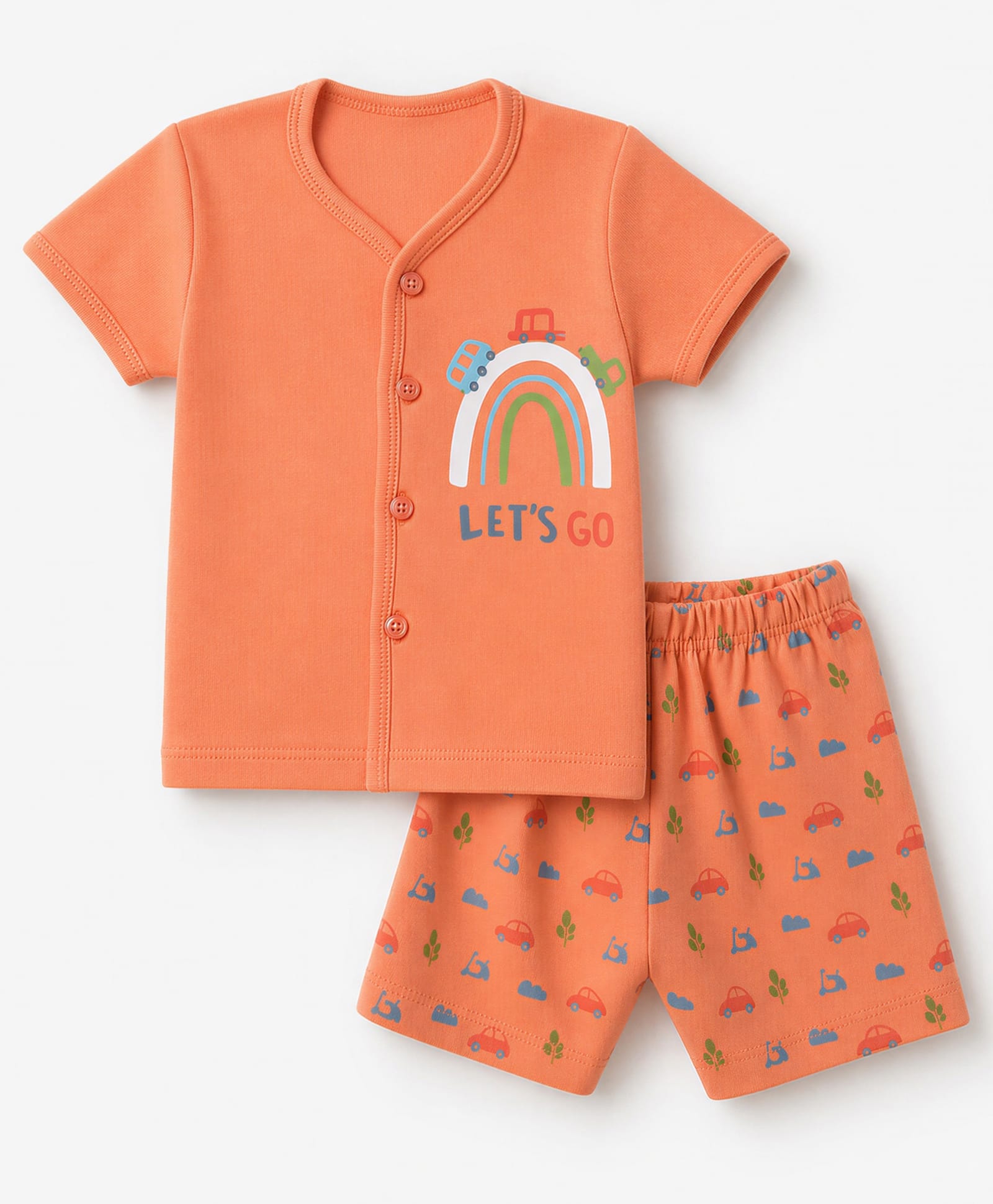 Tango Interlock knit Half Sleeves T-Shirt & Shorts Nightsuit with Vehicle Print - Orange-image-4