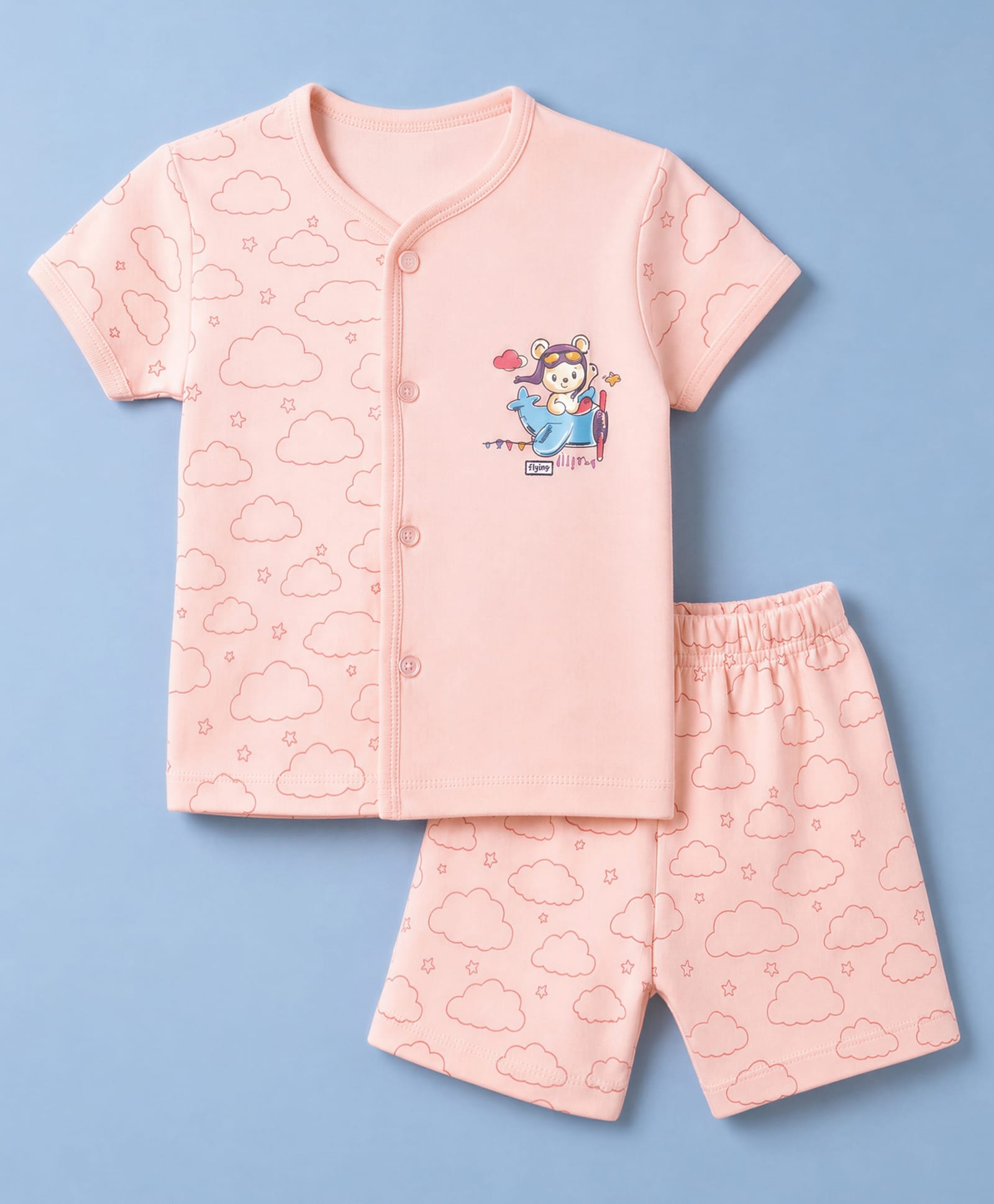Tango Interlock Knit Half Sleeves Co-Ords T-Shirt & Shorts Nightsuit with Cloud & Airplane Print - Peach-picture-24