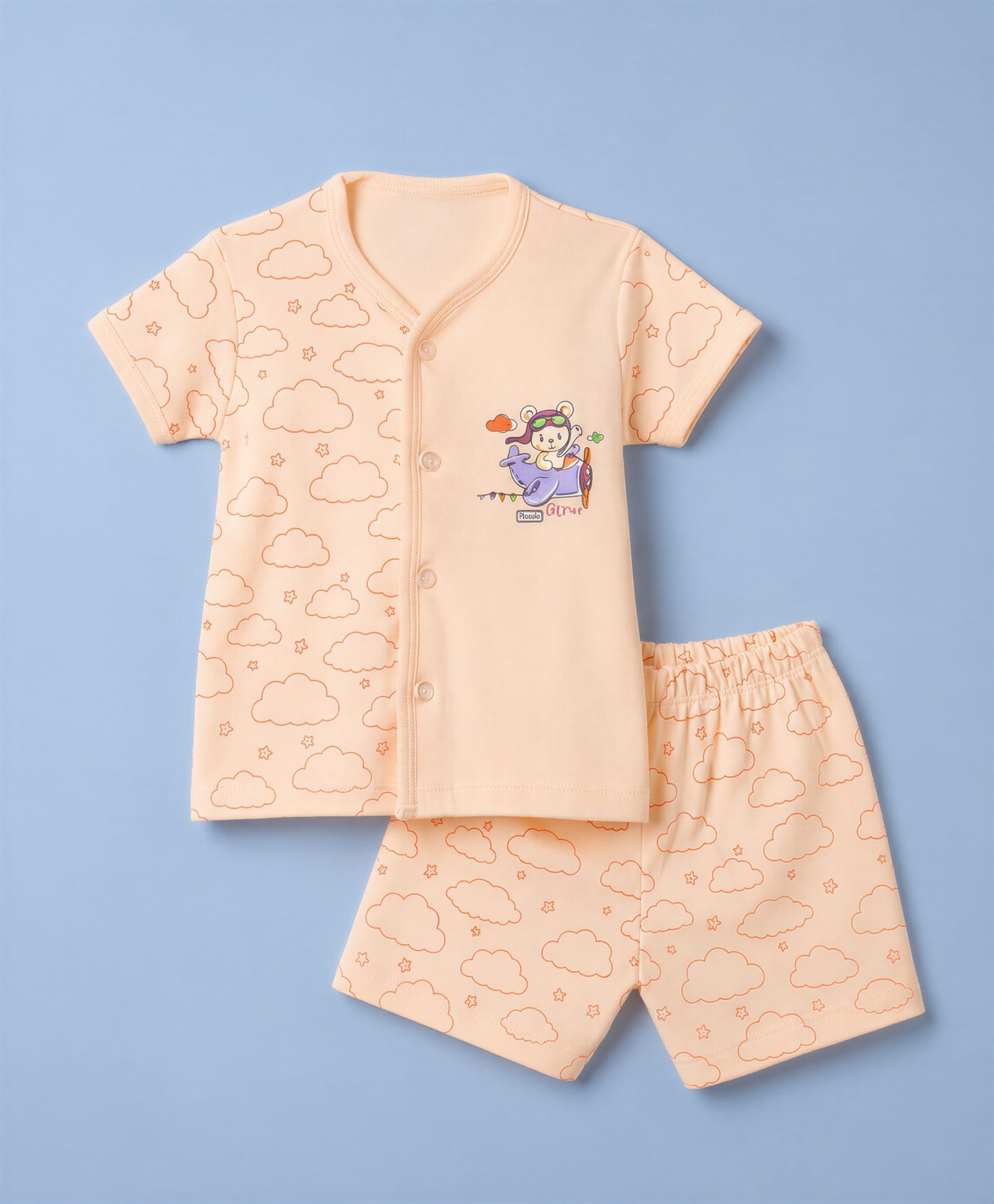 Tango Interlock Knit Half Sleeves T-Shirt & Shorts Nightsuit with Cloud & Airplane Print - Cream-image-15