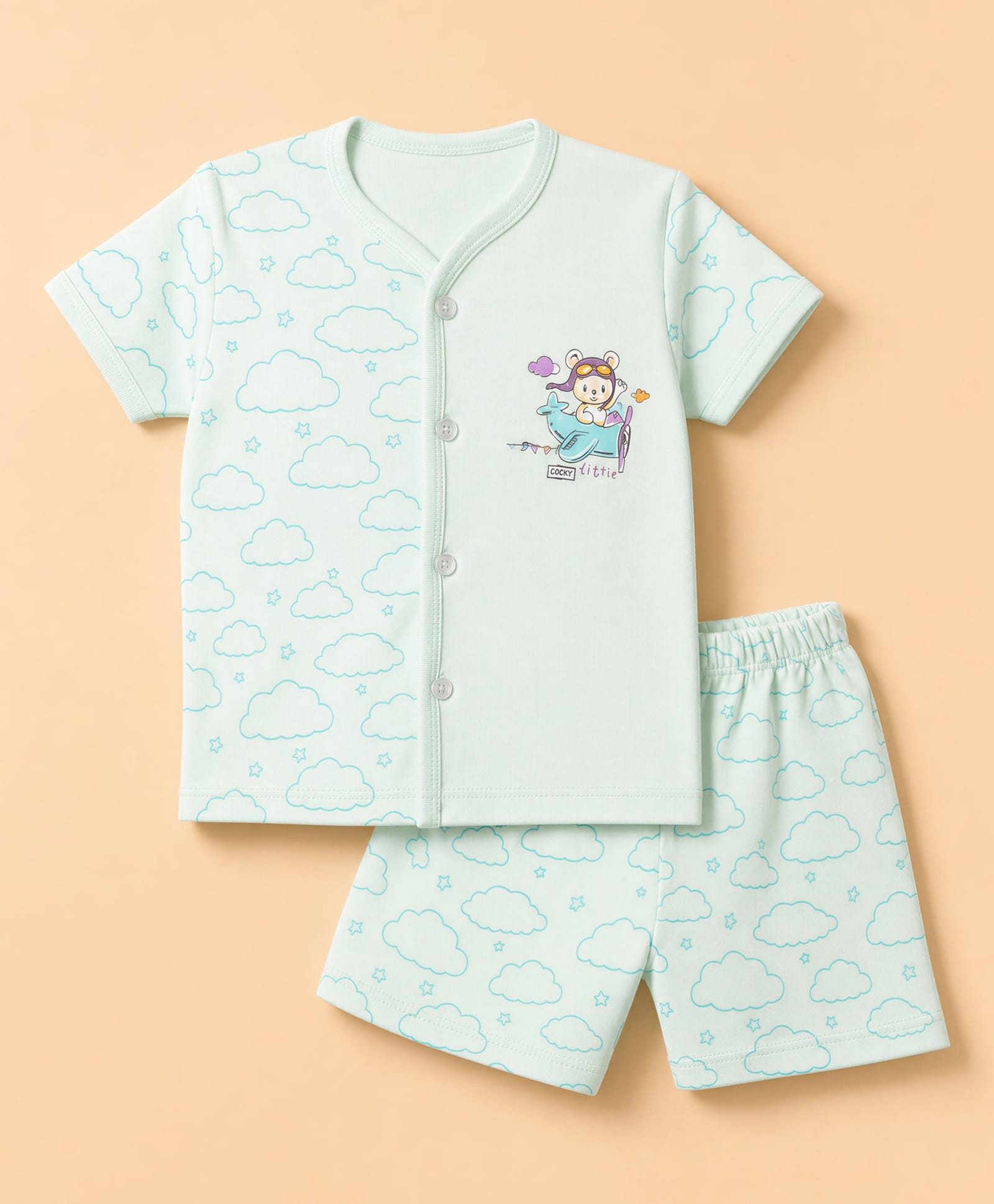 Tango Interlock Knit Half Sleeves Co-Ords T-Shirt & Shorts Nightsuit with Cloud & Airplane Print - Green-picture-45
