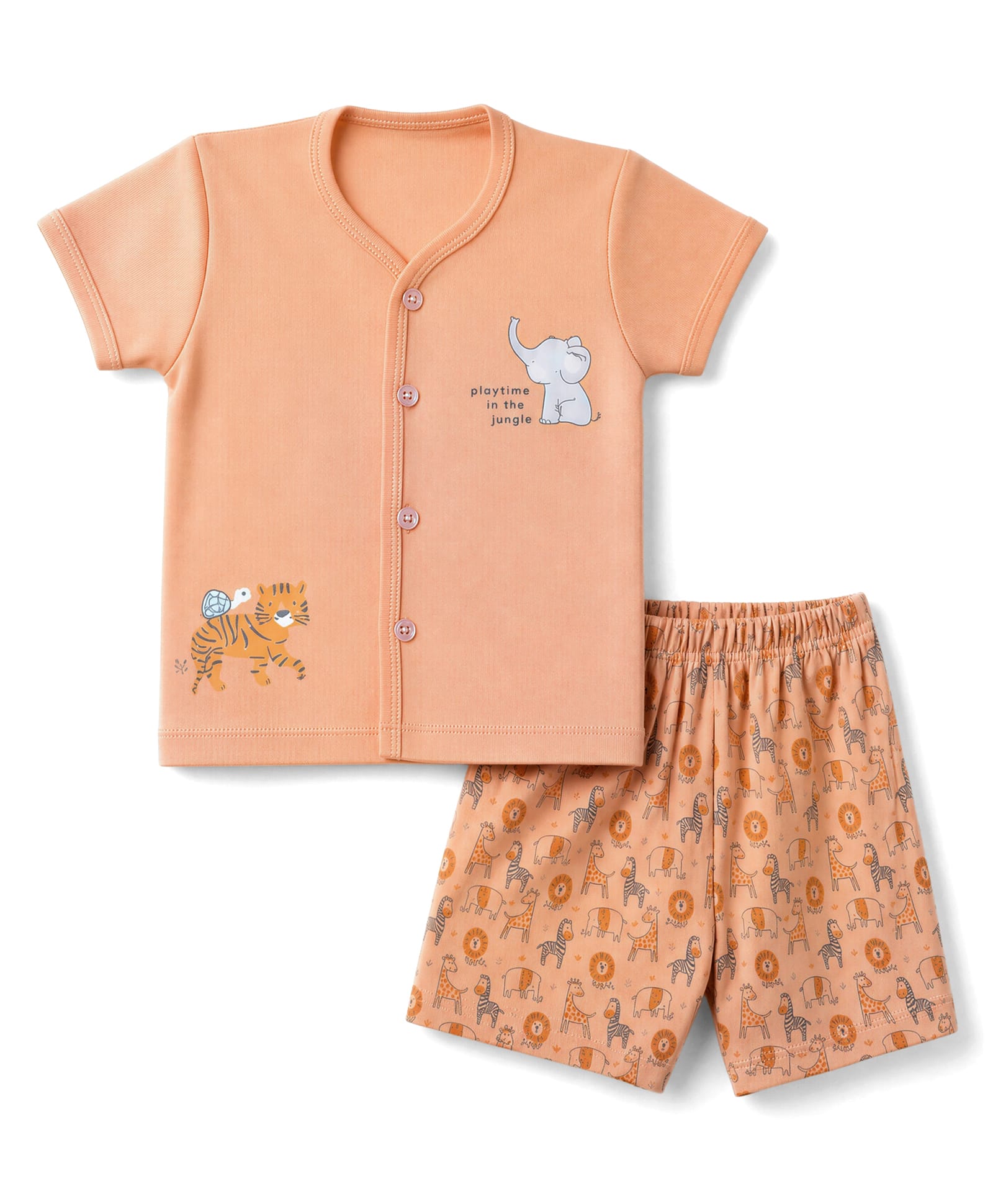 Tango Interlock Knit Half Sleeves T-Shirt & Shorts Night Suit With Animal Print - Orange-picture-15