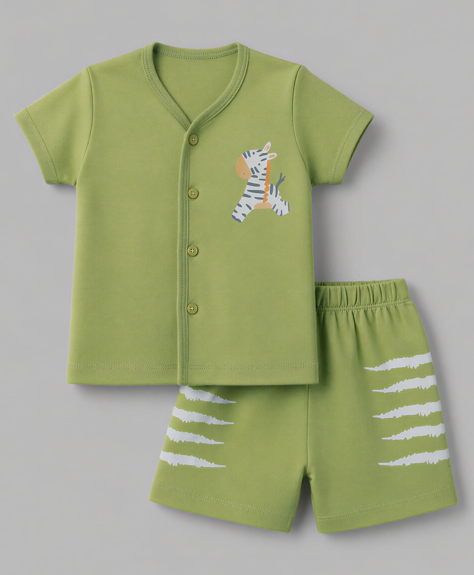 Tango Interlock Knit Half Sleeves Co-Ords T-Shirt & Shorts Night Suit with Zebra Print - Green-image-12