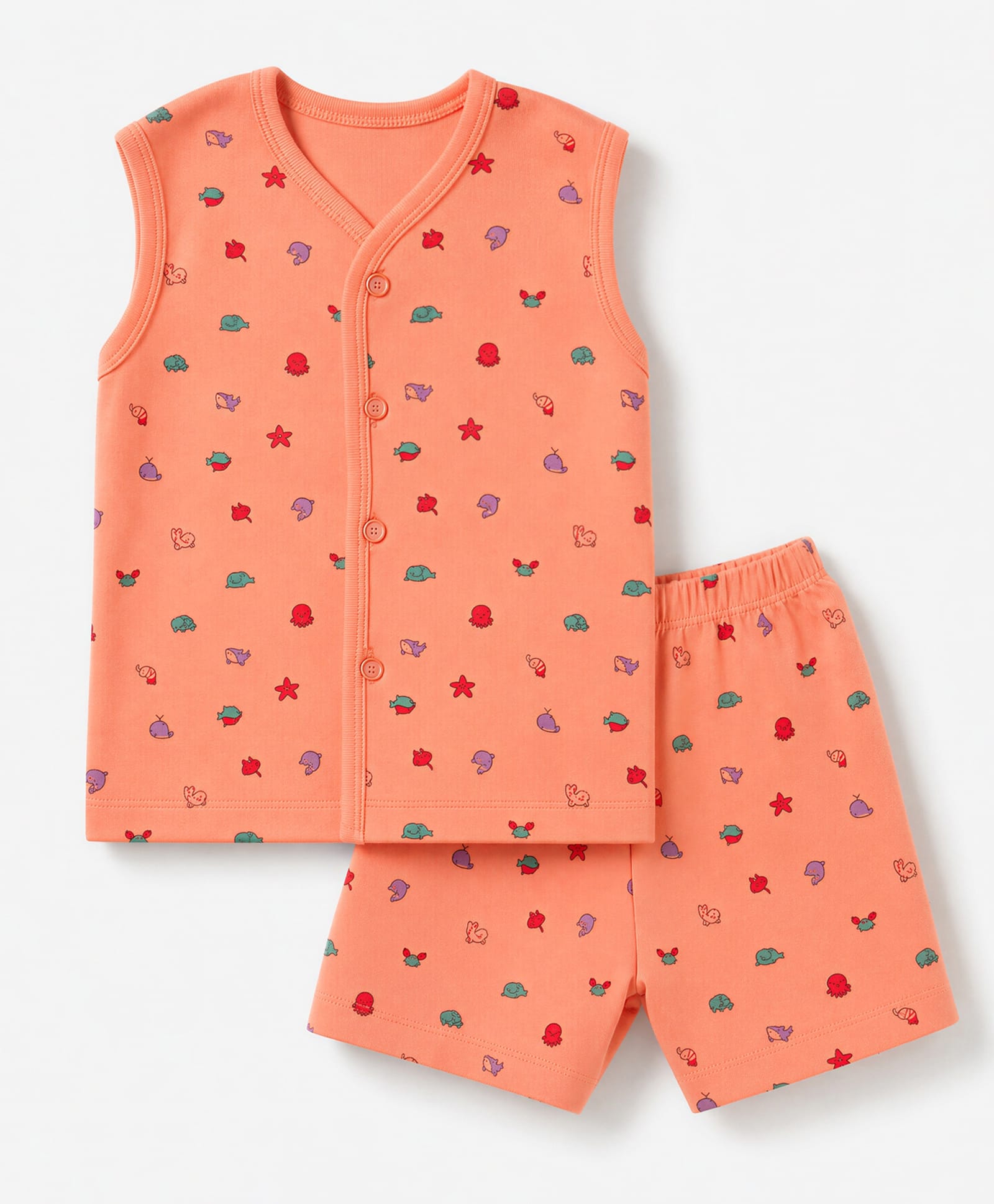 Tango Interlock Knit Sleeveless T-Shirt & Shorts Co-ords Night Suit With Sea Life Print - Orange-image-34