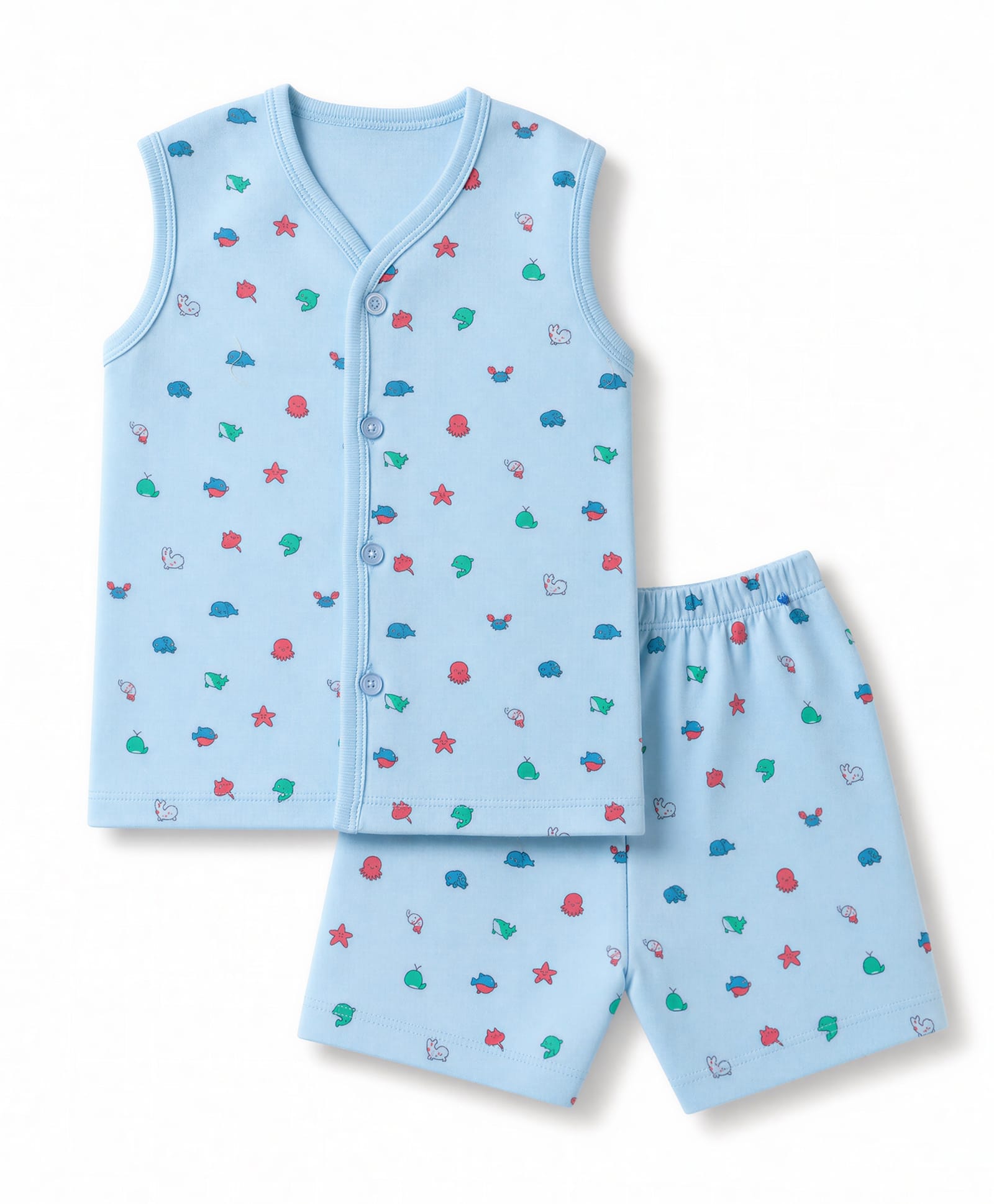 Tango Interlock Knit Sleeveless T-Shirt & Shorts Co-ords Night Suit With Sea Life Print - Blue-picture-20