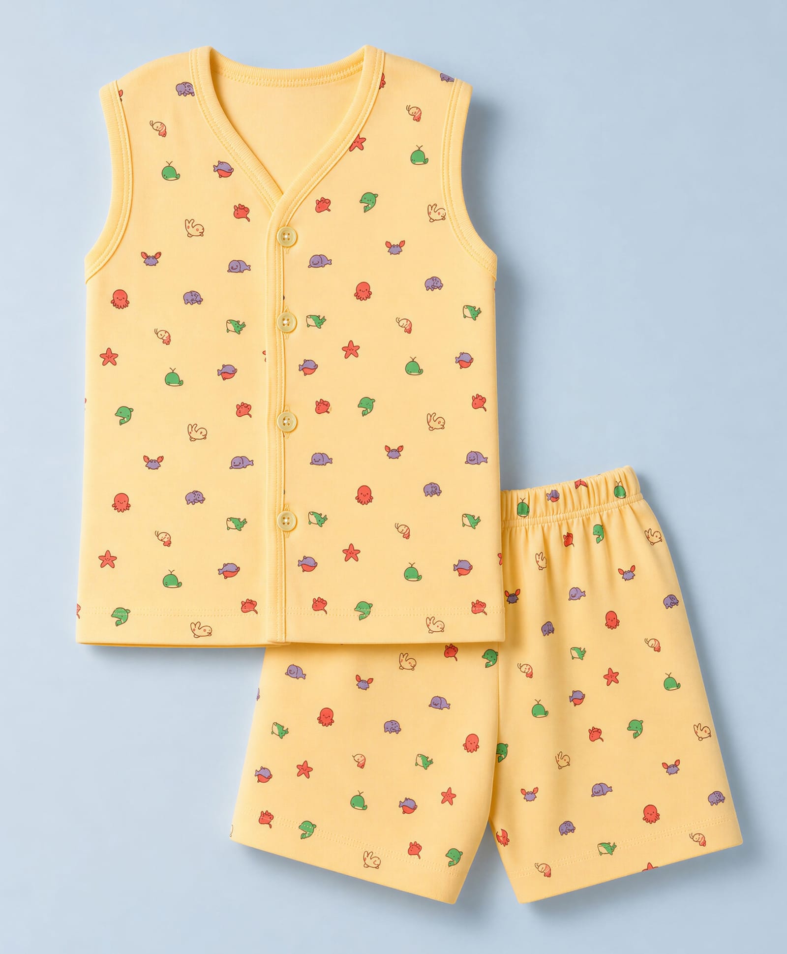 Tango Interlock Knit Sleeveless T-Shirt & Shorts Co-ords Night Suit With Sea Life Print - Yellow-image-44