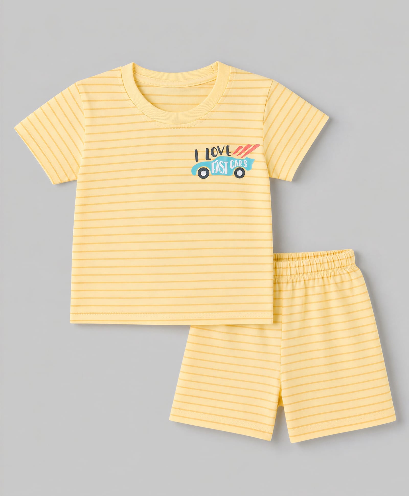 Tango Single Jersey Knit Half Sleeves Striped T-Shirt & Shorts Set Car Print - Yellow-image-36