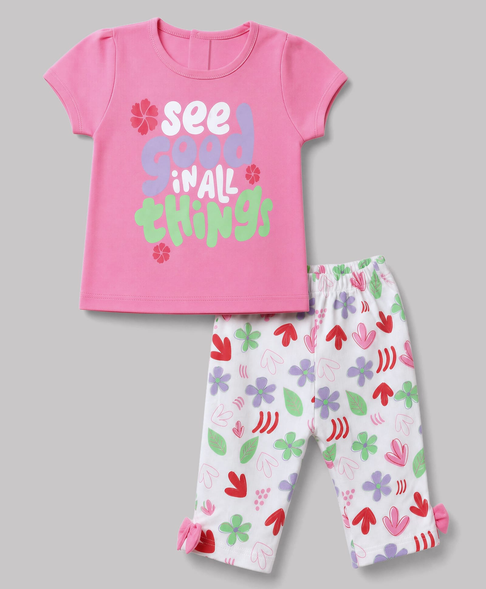 Tango Interlock Knit Half Sleeves T-Shirt & Capri Set with Text & Floral Print - Pink-picture-15