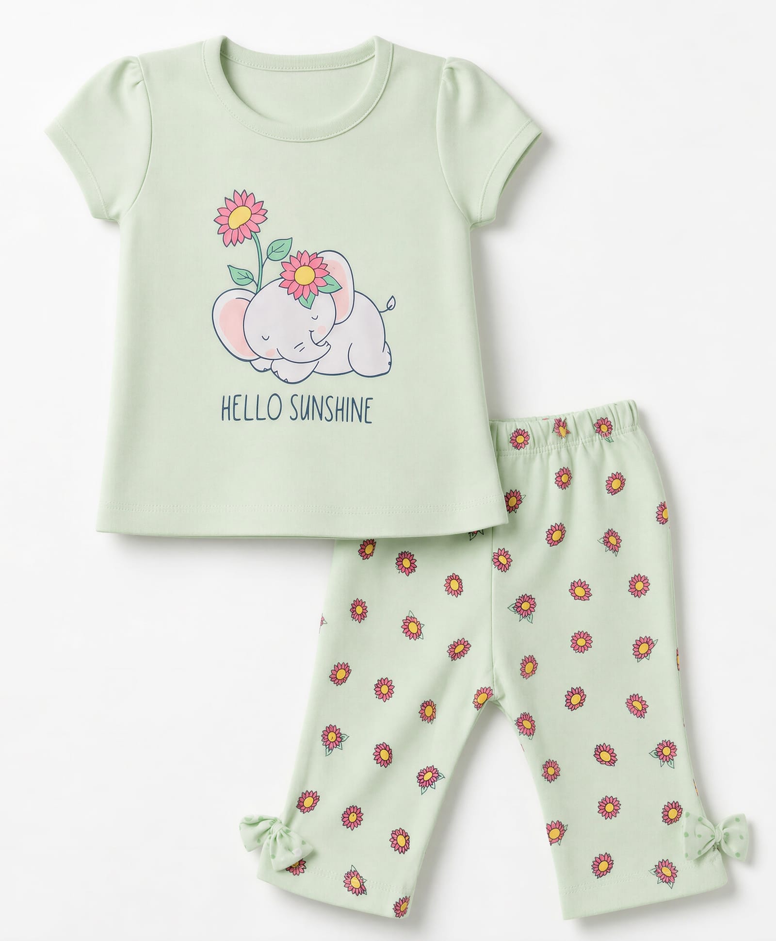 Tango Interlock Knit Half Sleeves T-Shirt & Capri Set Elephant Print & Bows - Light Green-picture-31