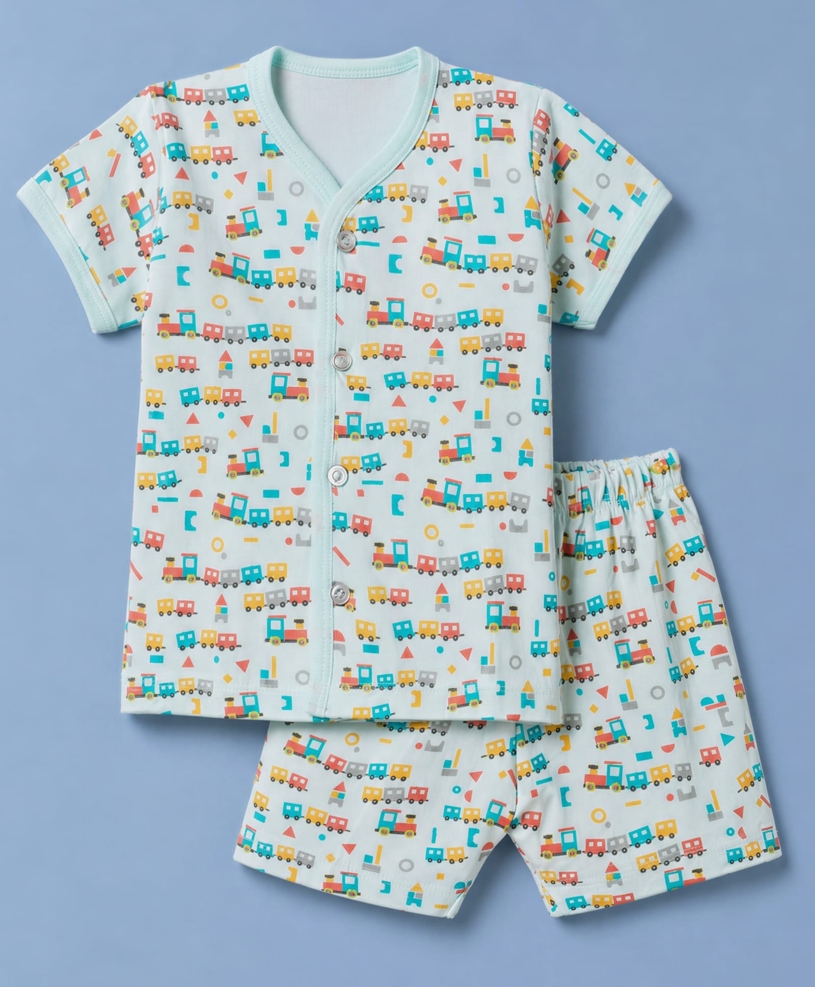 Tango Single Jersey Knit Half Sleeves T-Shirt & Shorts Co-ords Night Suit With Train Print - Aqua Blue-picture-0