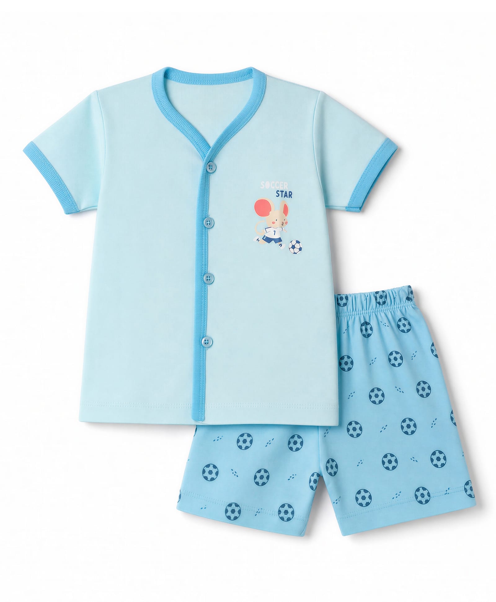 Tango Single Jersey Knit Half Sleeves T-Shirt & Shorts Night Suit With Mouse & Football Print - Aqua Blue-picture-43