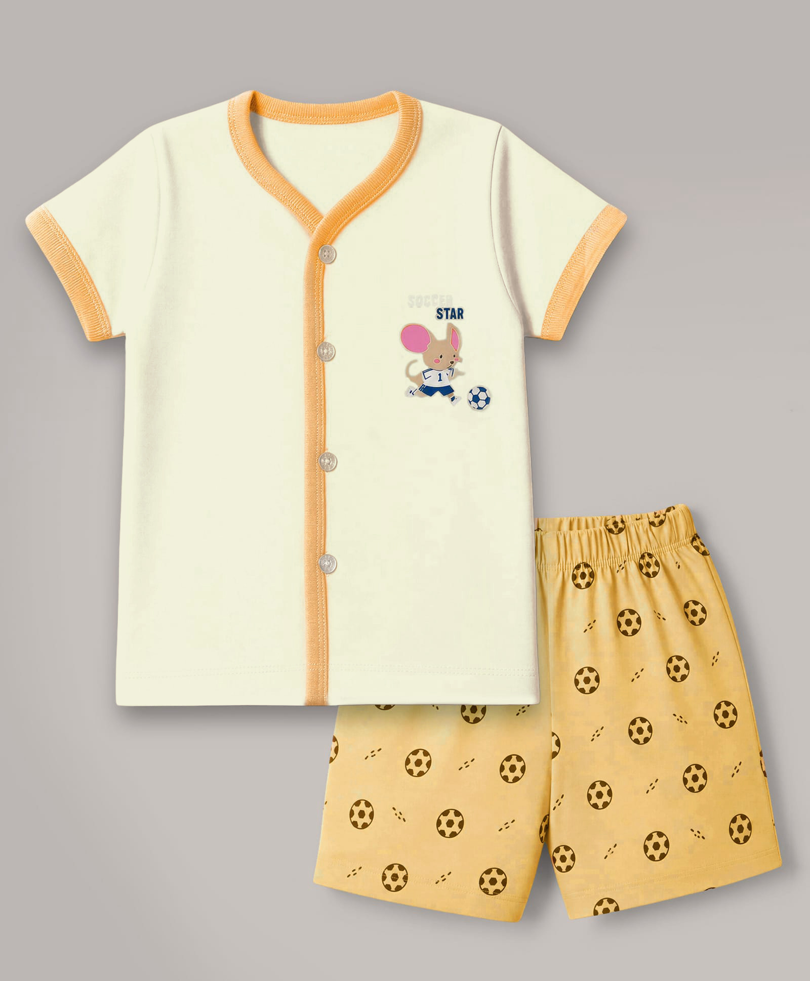 Tango Single Jersey Knit Half Sleeves T-Shirt & Shorts Night Suit With Mouse & Football Print - Light Yellow-image-44