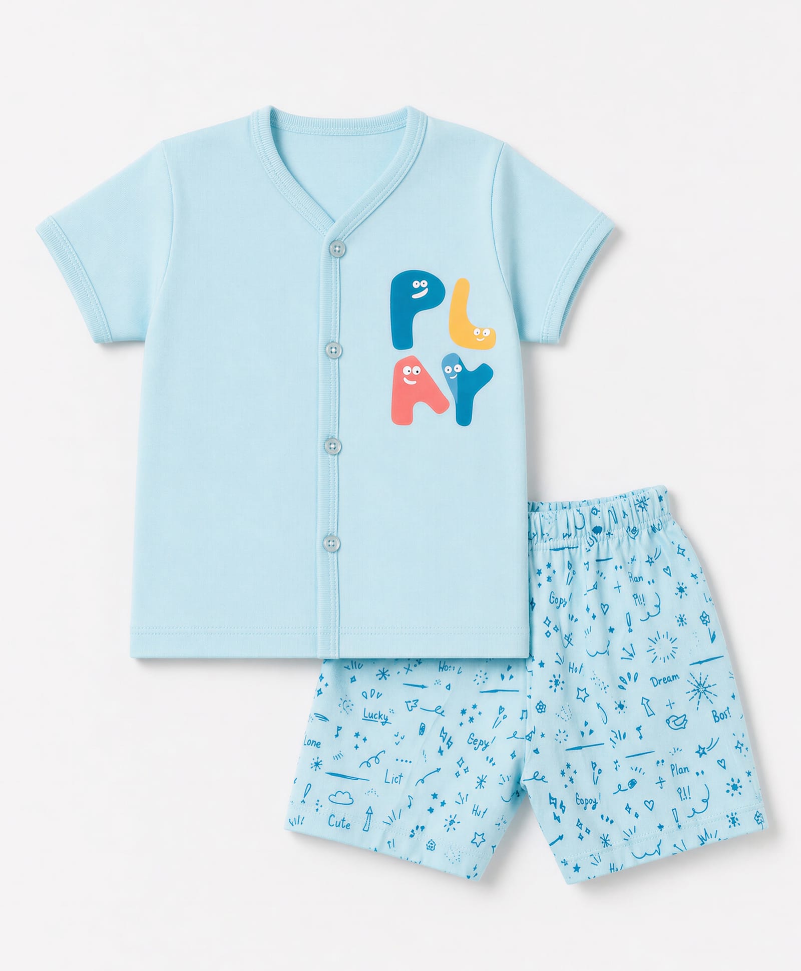 Tango Single Jersey Knit Half Sleeves T-Shirt & Shorts Night Suit With Star & Text Print - Light Blue-picture-23