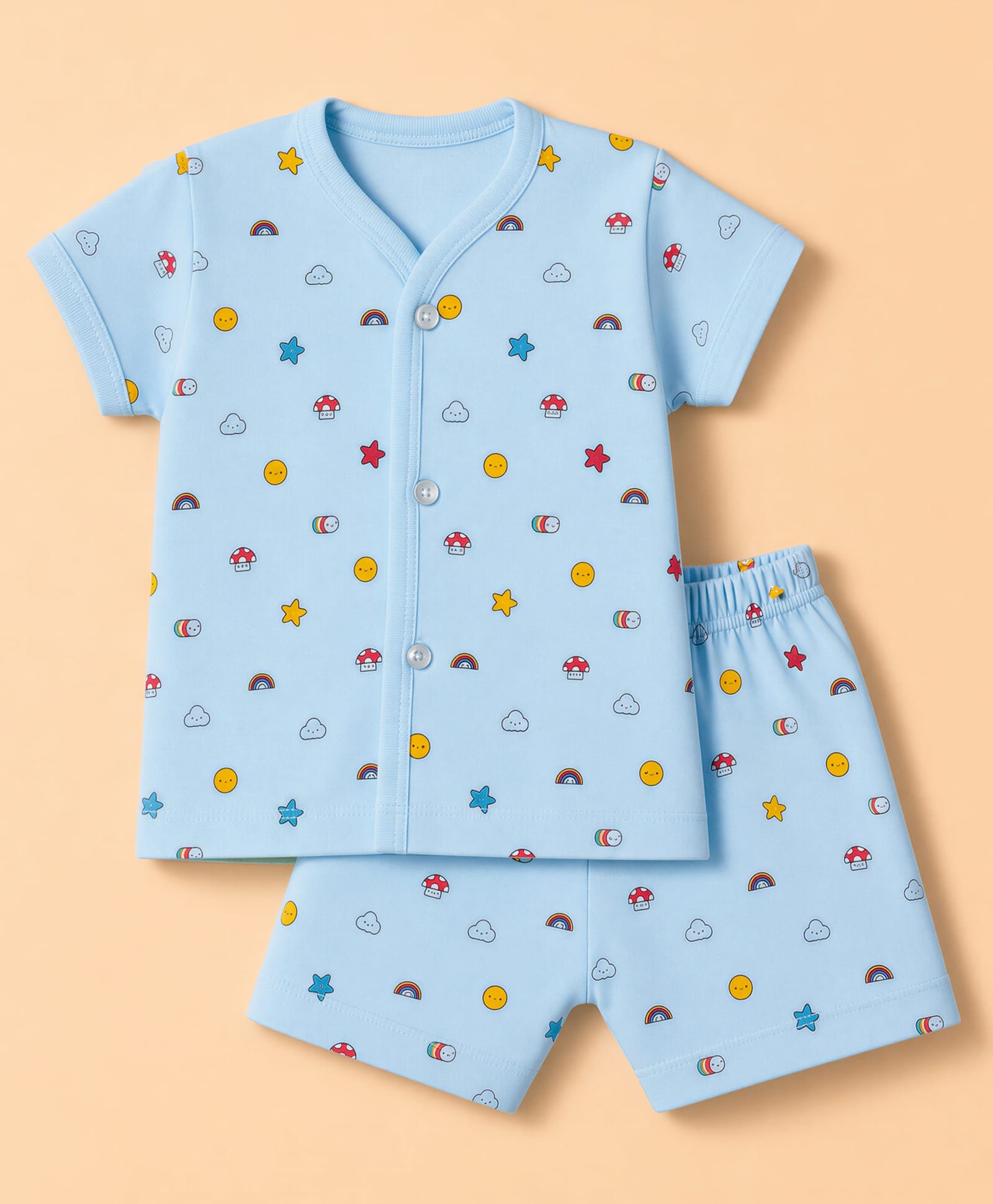 Tango Single Jersey Knit Half Sleeves T-Shirt & Shorts Co-ords Night Suit With Star & Rainbow Print - Light Blue-picture-19