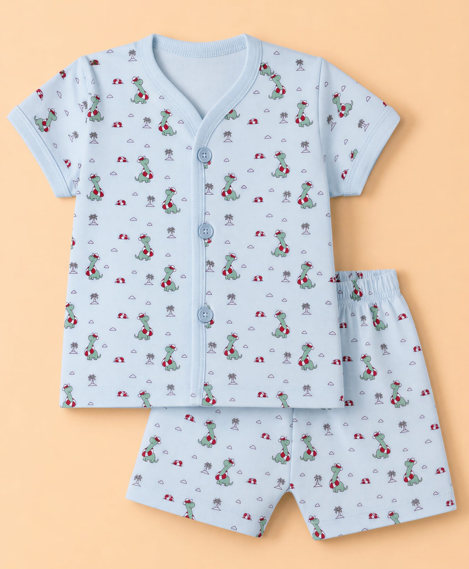 Tango Single Jersey Knit Half Sleeves T-Shirt & Shorts Co-ords Night Suit With Dino Print - Light Sky-picture-20