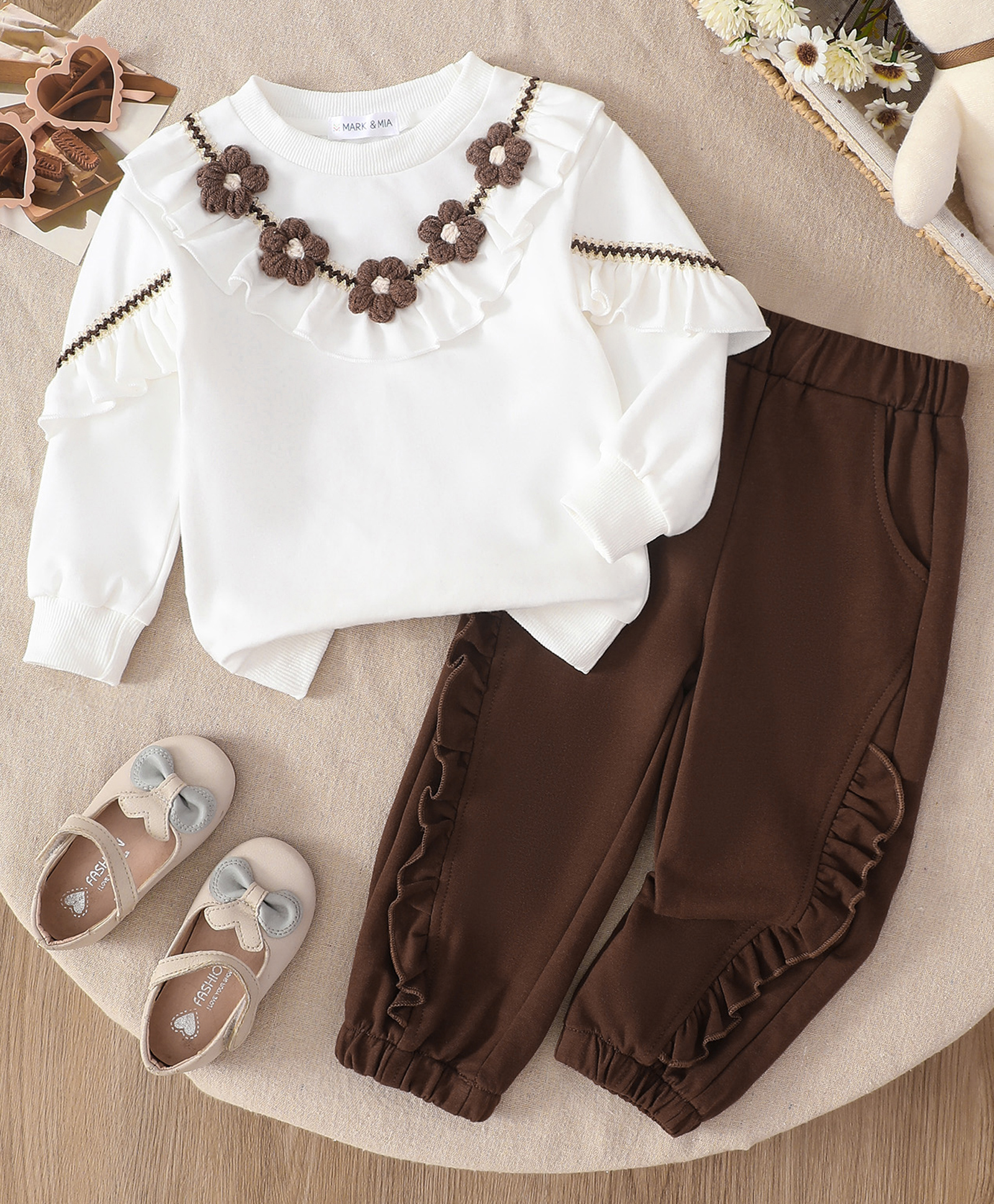 Mark & Mia Cotton Full Sleeves Crochet Floral Designed Top & Pant Set - White & Brown-image-36