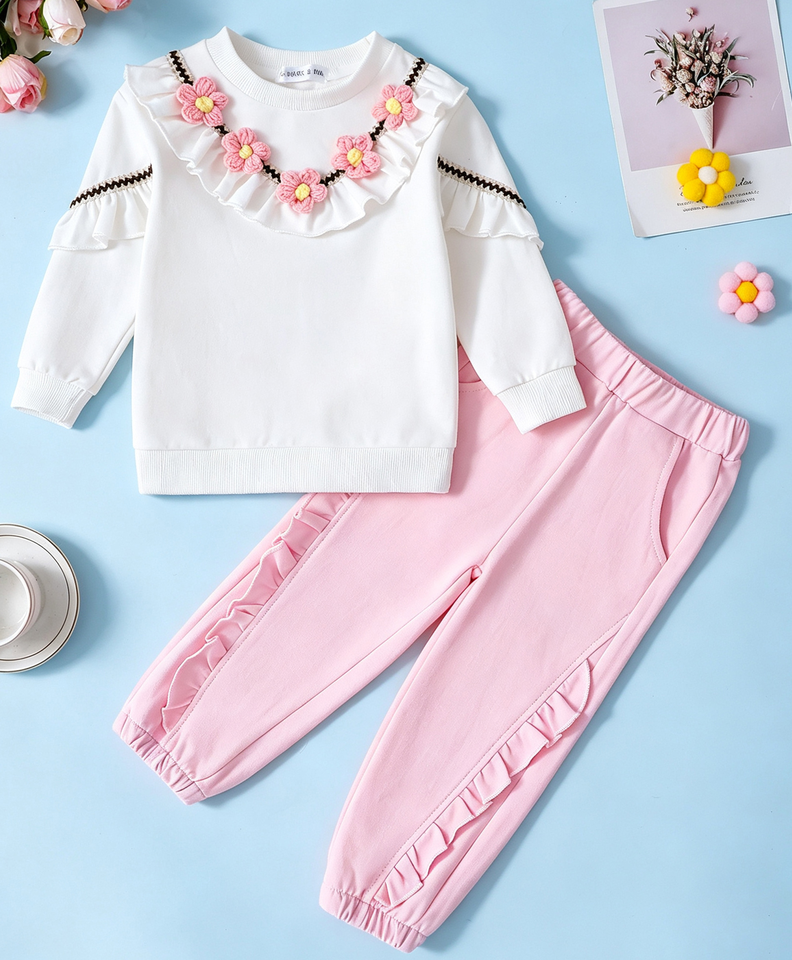 Mark & Mia Cotton Full Sleeves Crochet Floral Designed Top & Pant Set - White & Pink-image-34
