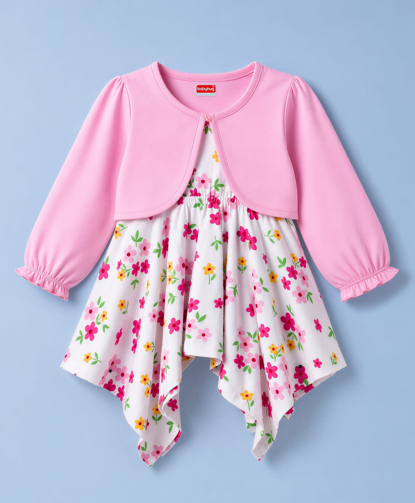 Babyhug Single Jersey Knit Full Sleeves Shrug With Floral Printed Frock - White-picture-17