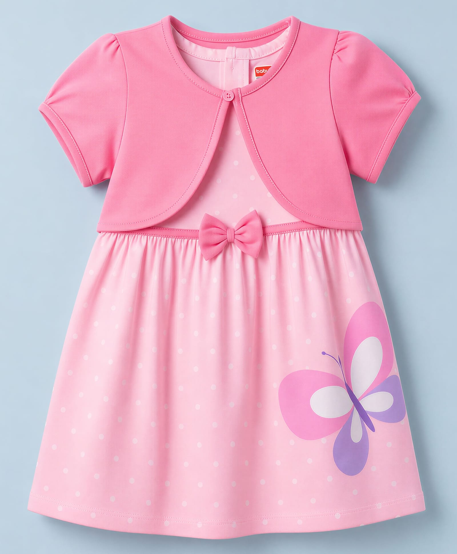 Babyhug Single Jersey Knit Frock & Half Sleeves Shrug with Butterfly Print - Pink-image-24