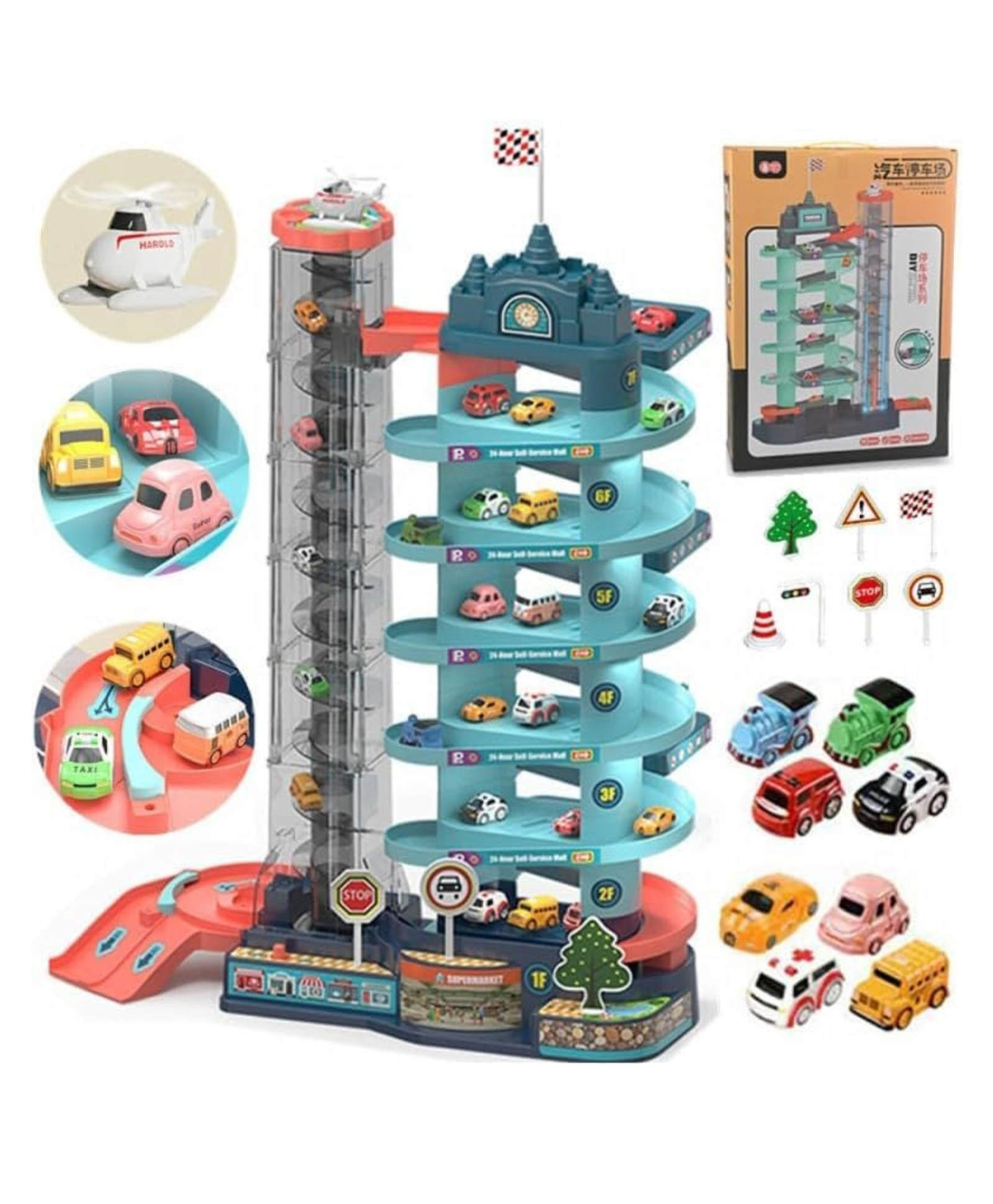 YAMAMA Multi-Level Car Parking Garage Playset with Elevator, 7 Levels, Includes Mini Cars, Helicopter, Traffic Signs, Race Track Toys For Kids, Fun Entertainment Kids Toys - Multicolor-picture-15