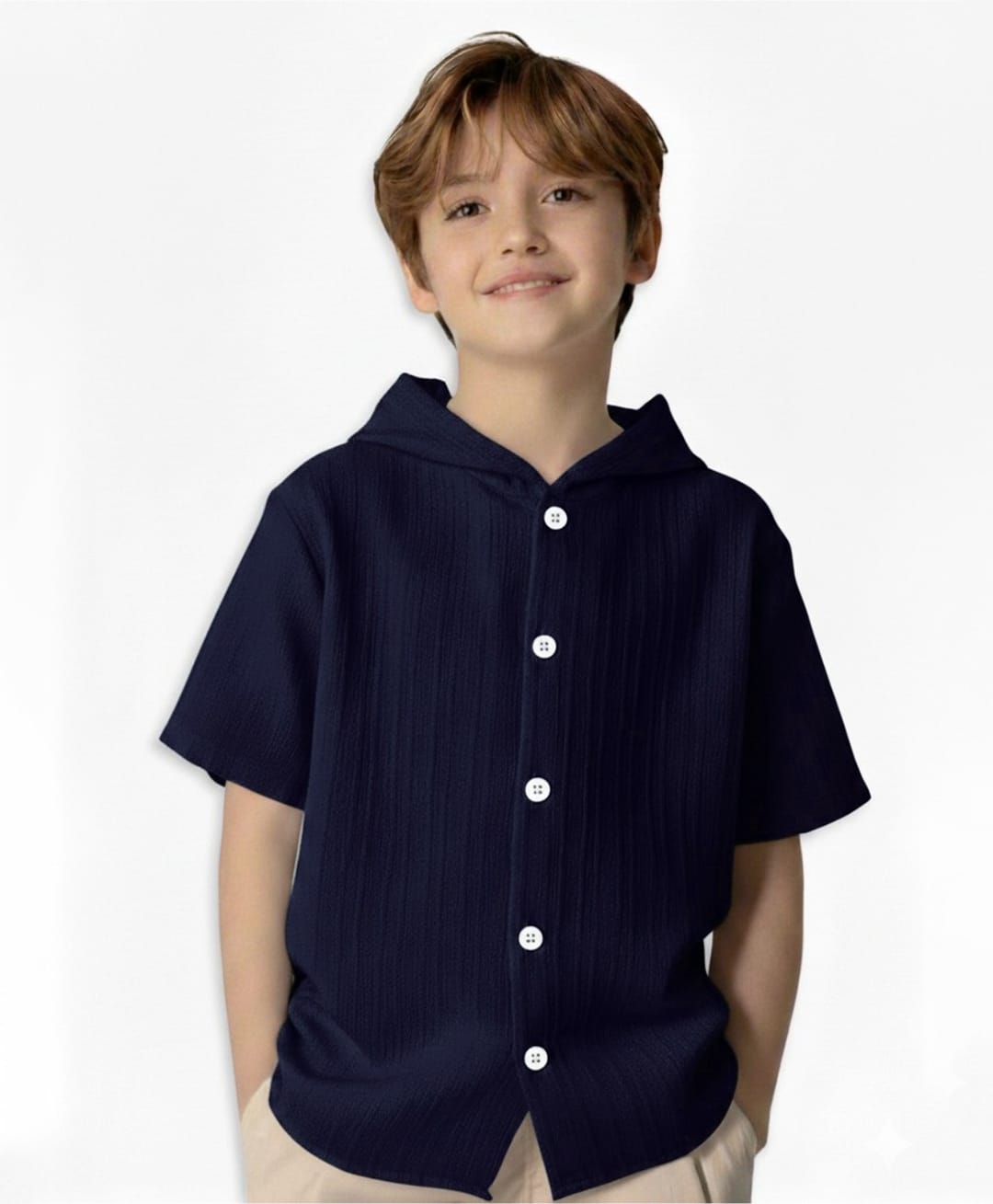 The Kids Club Cotton Woven Half Sleeves Textured Hooded Shirt - Navy Blue-image-39