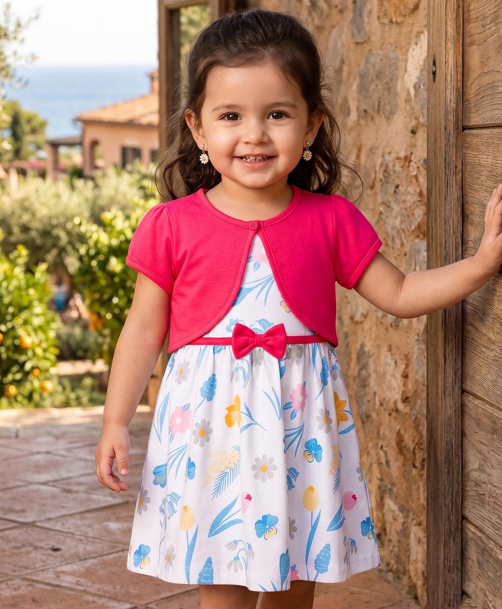 Babyhug Single Jersey Knit Half Sleeves Floral Printed & Bow Applique Frock With Shrug - White-image-49
