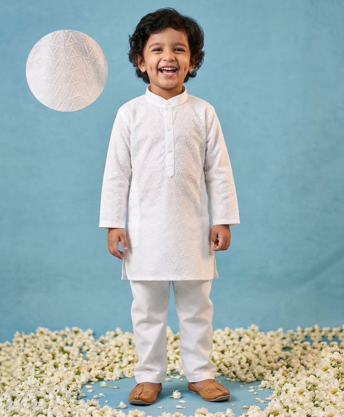 AJ Dezines Cotton Woven Full Sleeves Geometric Embroidered Kurta Pyjama Set - White-picture-27