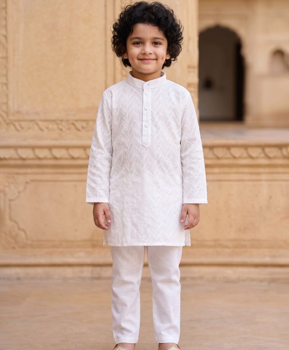 AJ Dezines Cotton Woven Full Sleeves Chevron Embroidered Kurta Pyjama Set - White-picture-14