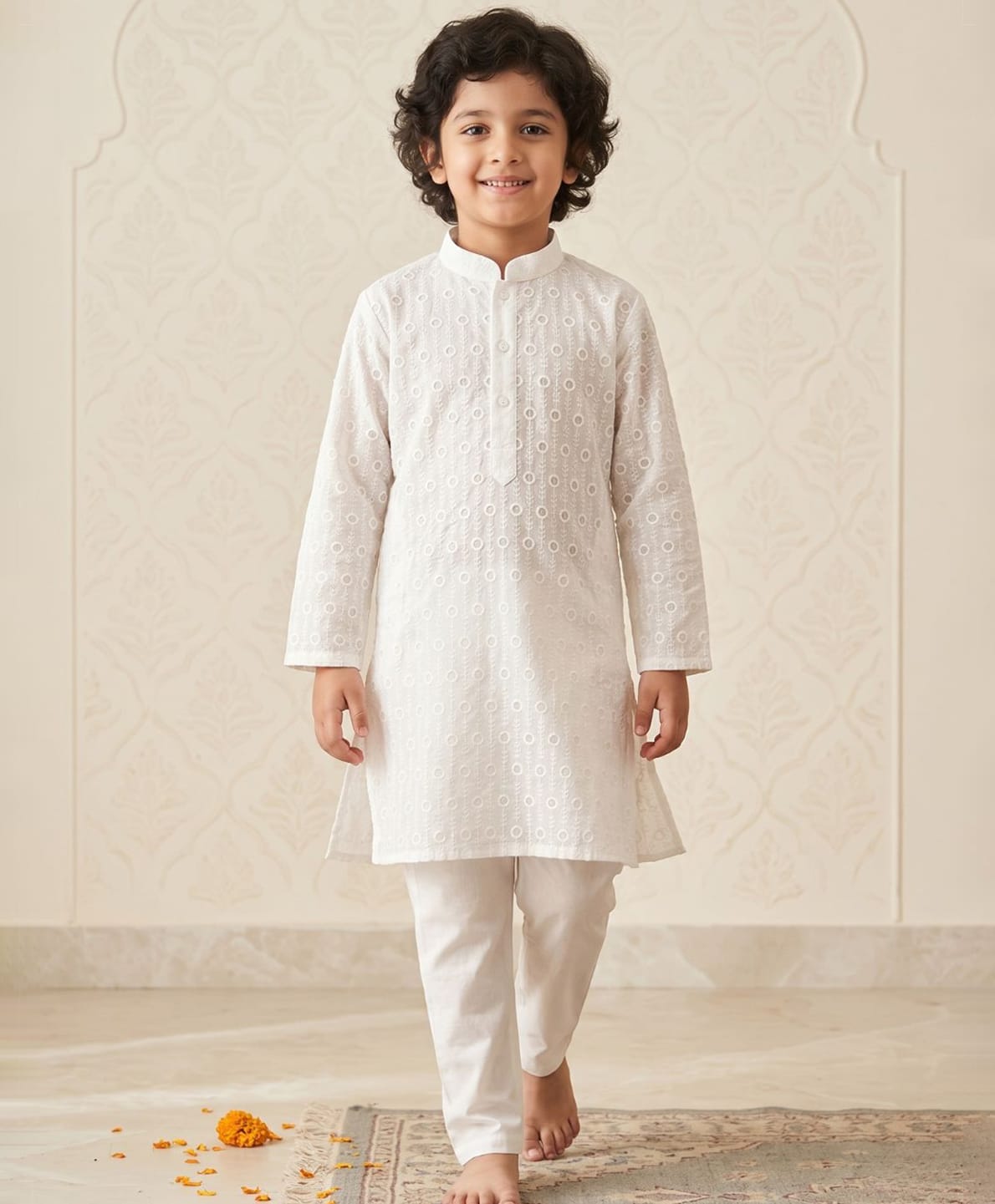 AJ Dezines Cotton Woven Full Sleeves Geometric Embroidered Kurta Pyjama Set - White-image-22