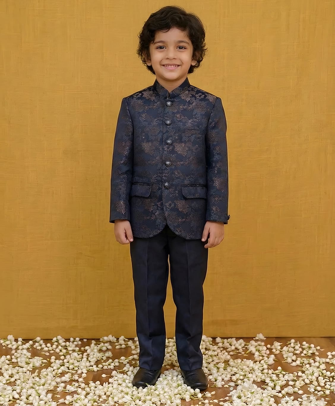 AJ Dezines Jacquard Woven Full Sleeves Floral Foil Embroidered Sherwani & Pant Set - Navy Blue-picture-22