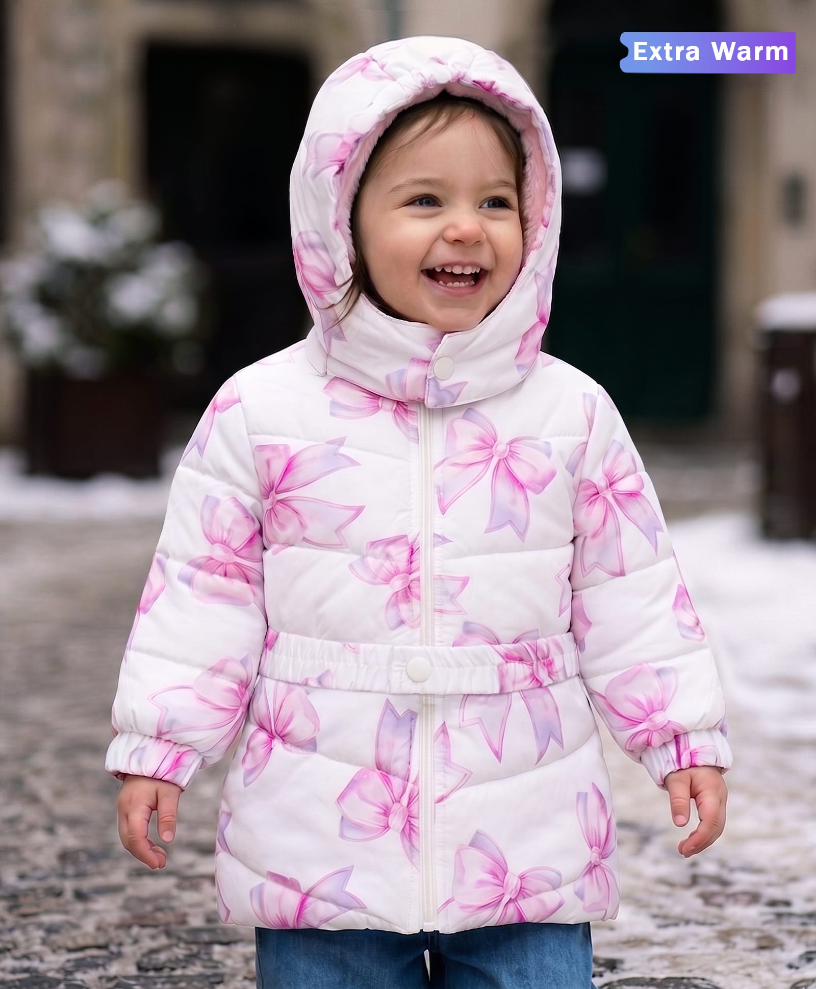 Babyoye Woven Full Sleeves Floral Printed Padded Hooded Jacket - White-picture-18