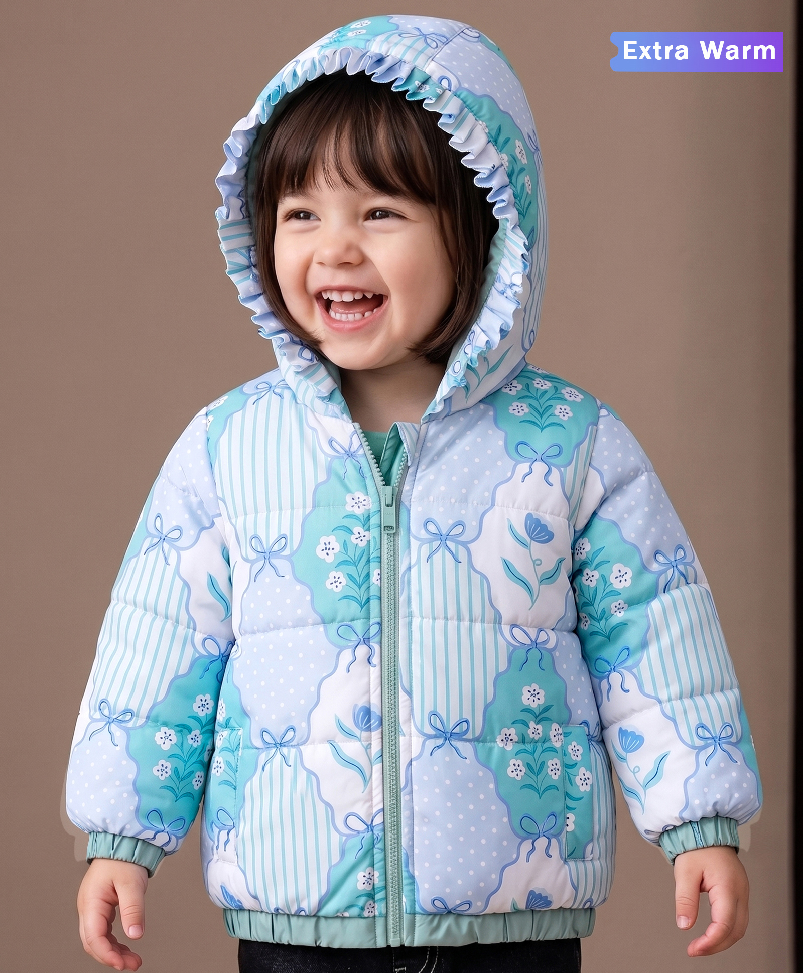 Babyoye Cotton Woven Full Sleeves Floral & Polka Dots Printed Hooded Padded Jacket - Light Blue-picture-12