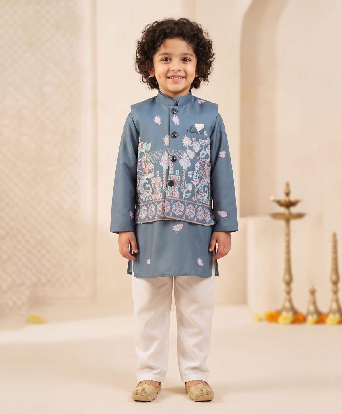 AJ Dezines Cotton Woven Full Sleeves Floral Printed Kurta & Pyjama Set With Jacket - Blue-picture-30