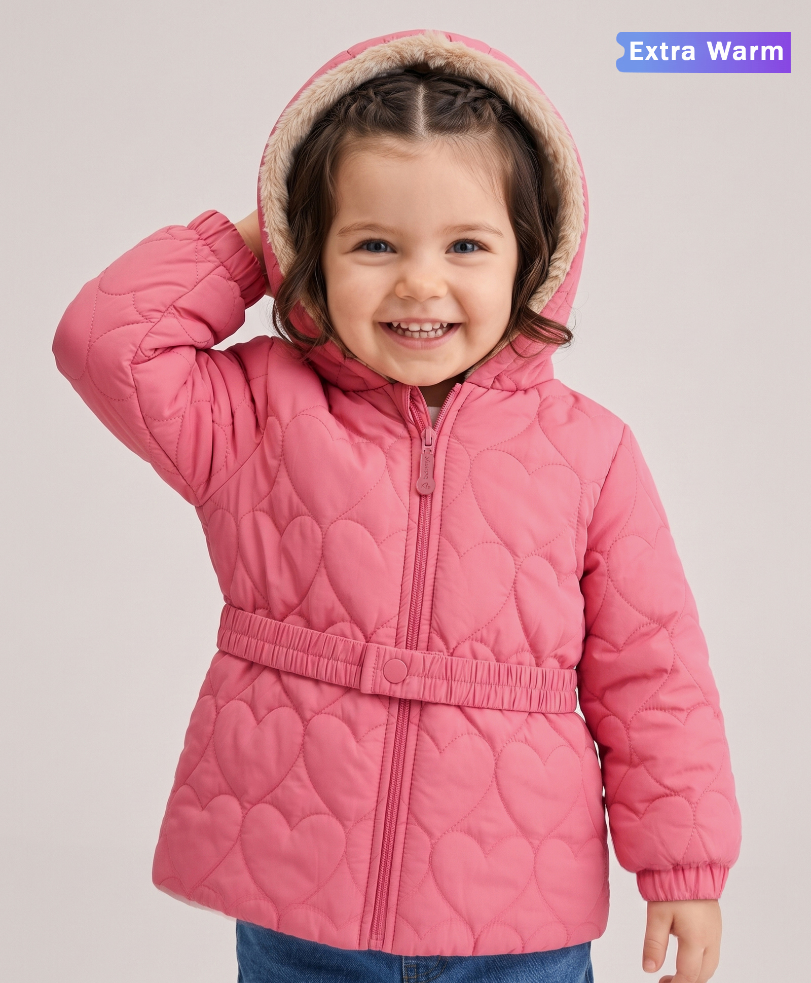 Babyoye Woven Jacket with Full Sleeves and Hearts Embroidery - Dark Pink-image-3