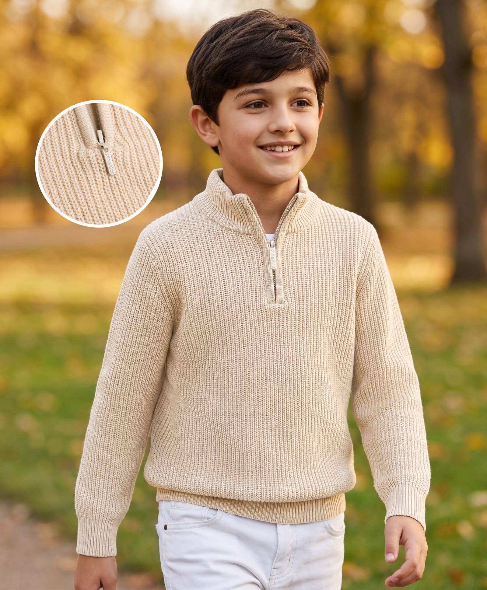 Pine Kids Knit Full Sleeves Solid Colour High Neck Pullover- Beige-picture-20